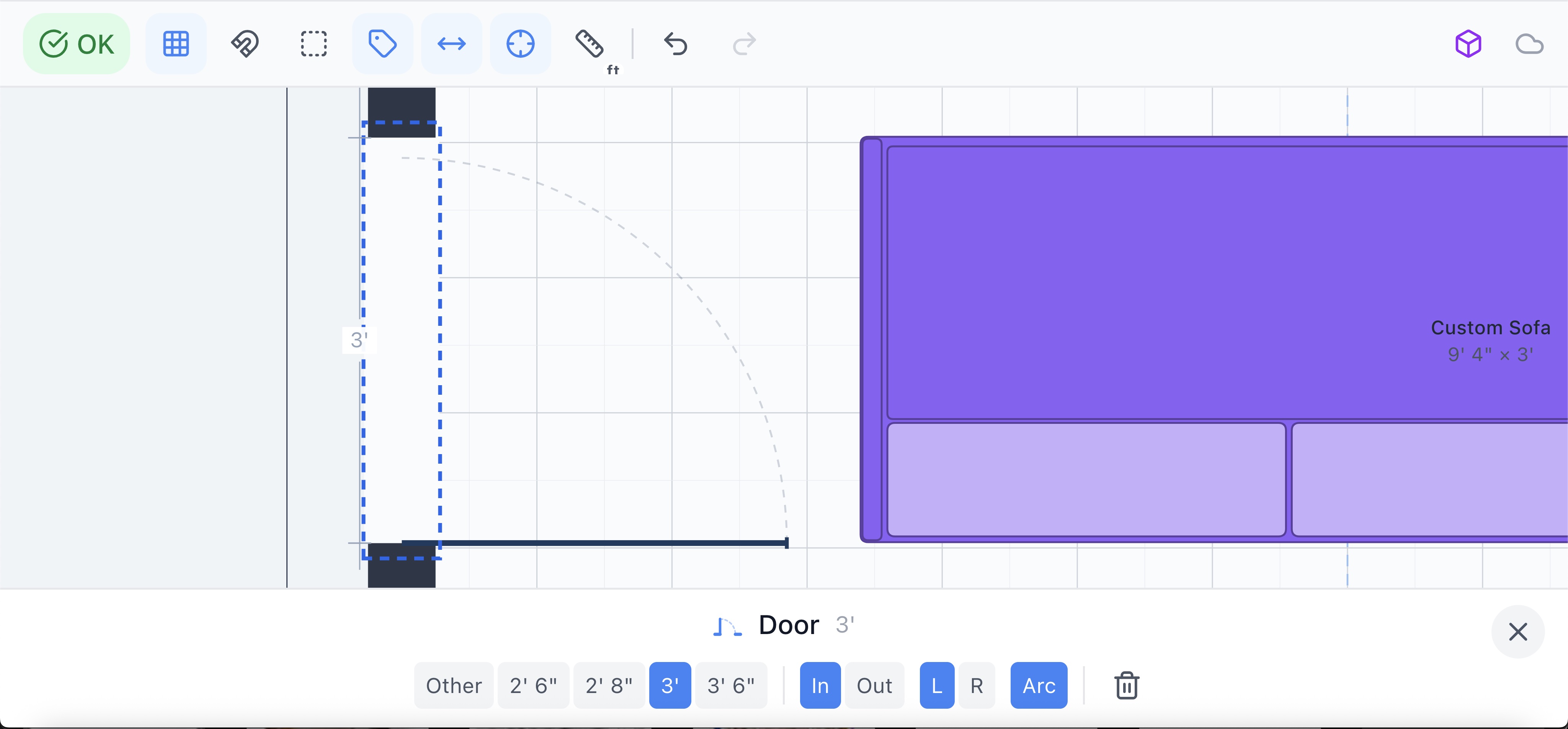 A door placed on a wall with the inspector showing position and width values