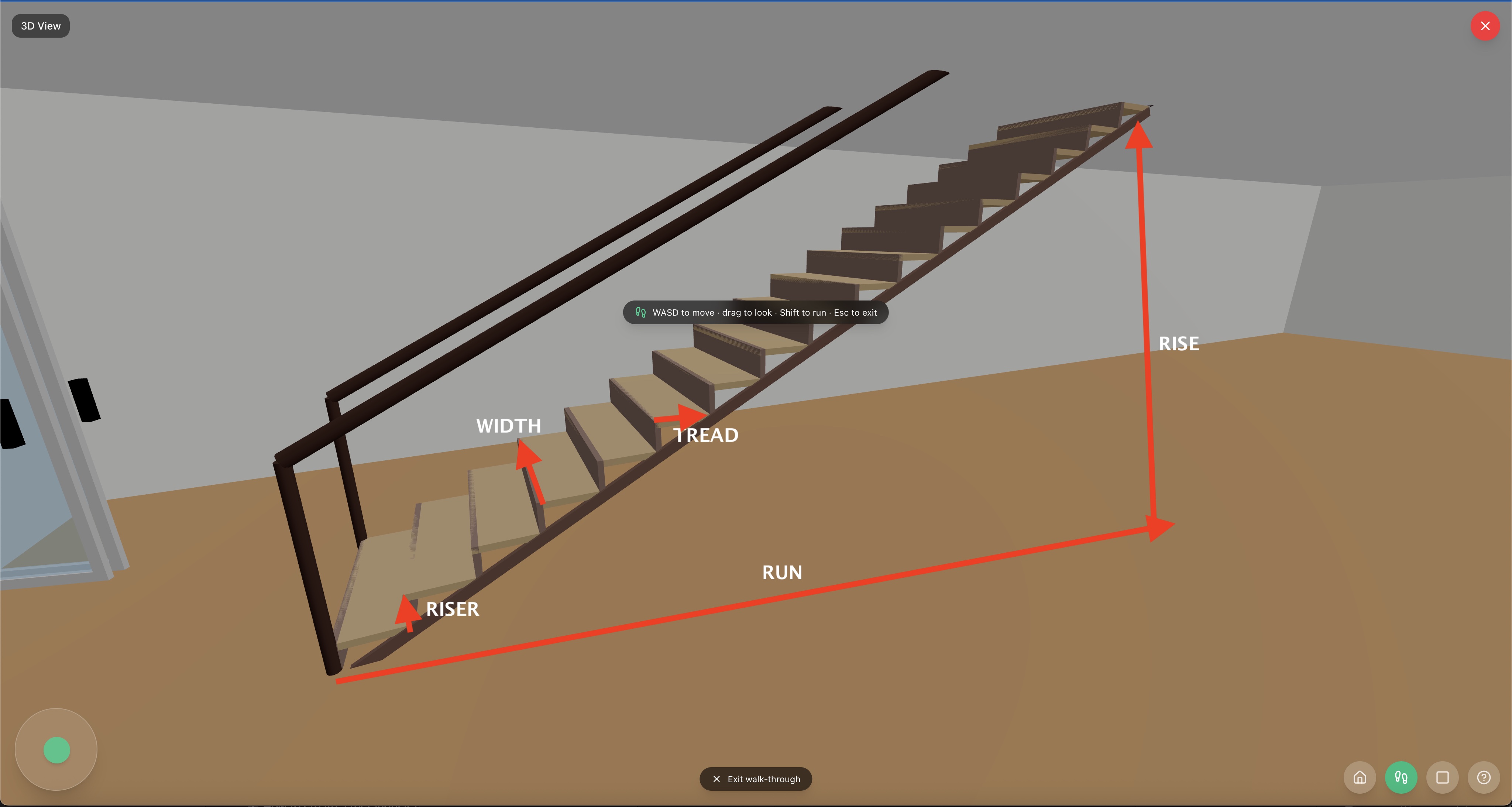 A staircase diagram labelled with rise, riser, tread, width, length, and direction