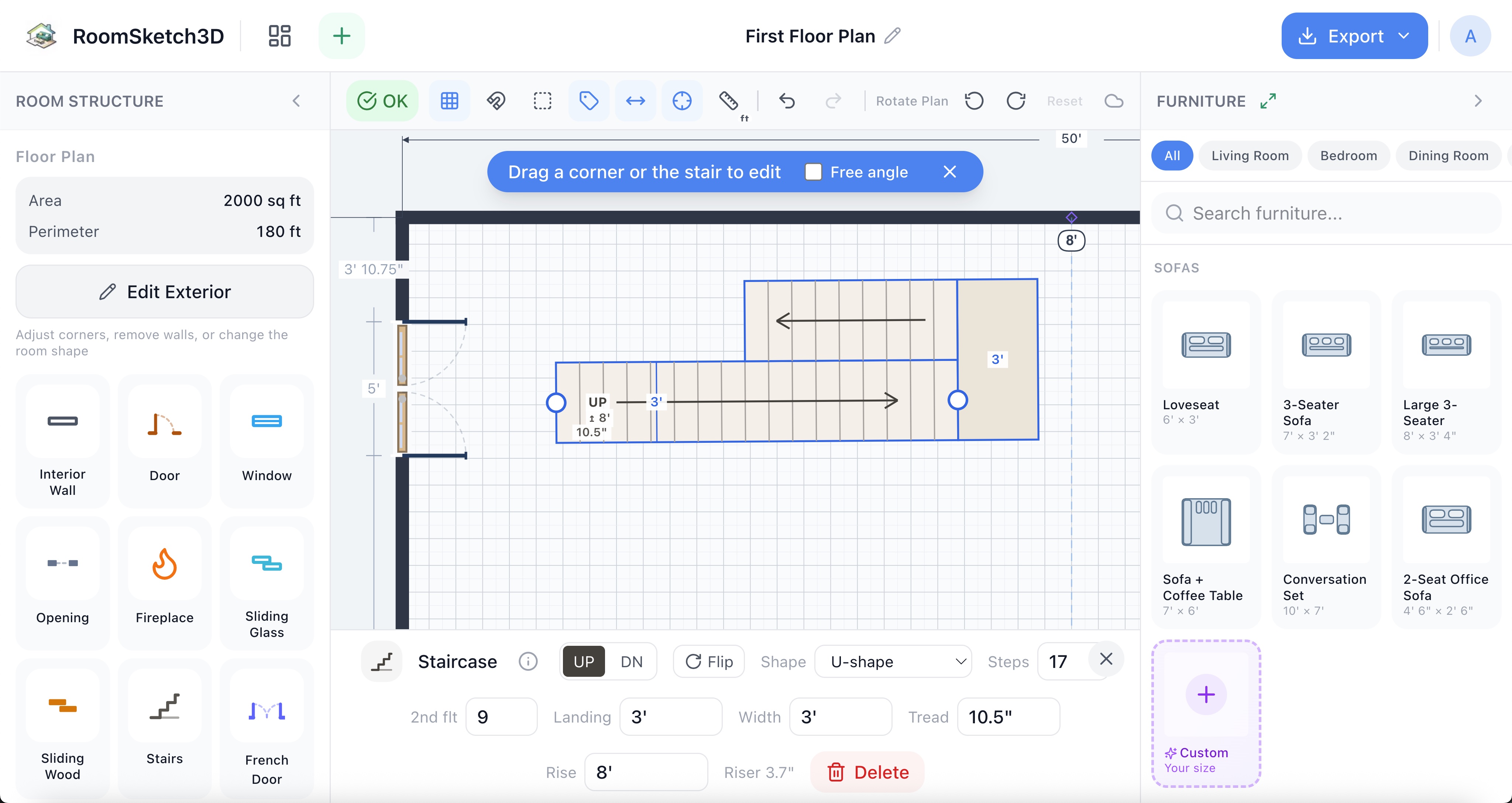 The staircase inspector showing dimension fields for rise, width, length, direction, and shape