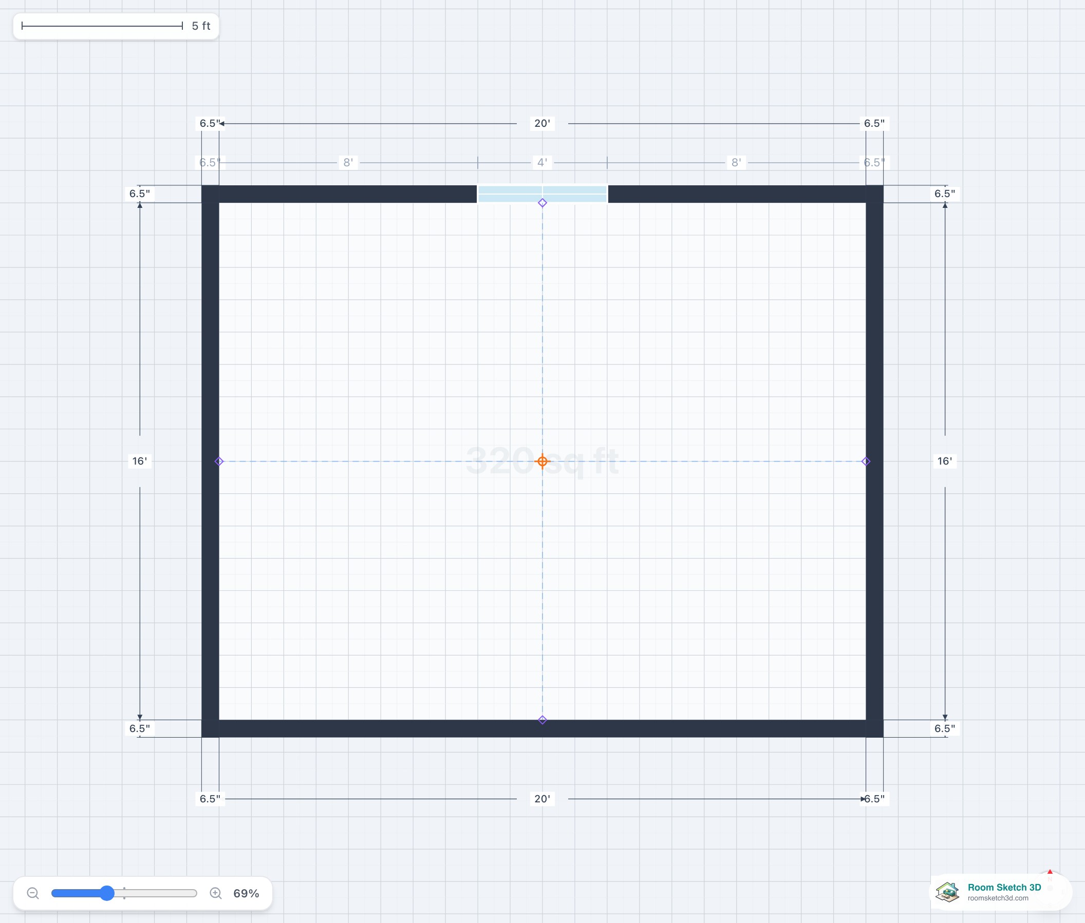 A standard window placed on the top wall of a room, shown to scale in the 2D plan