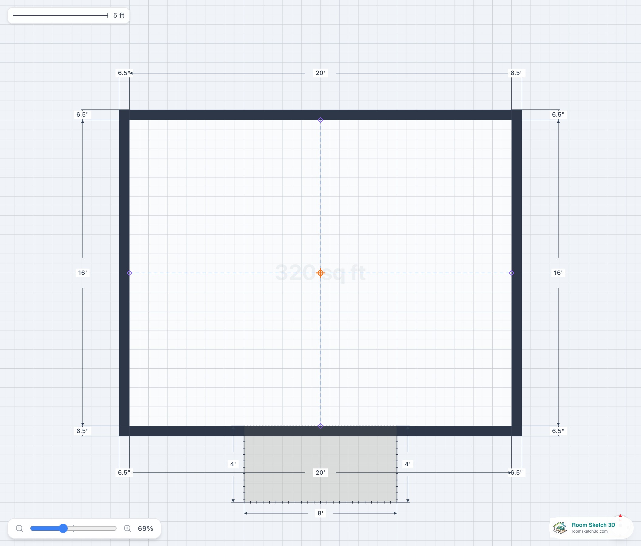 A rectangular balcony projecting from a wall in the 2D plan
