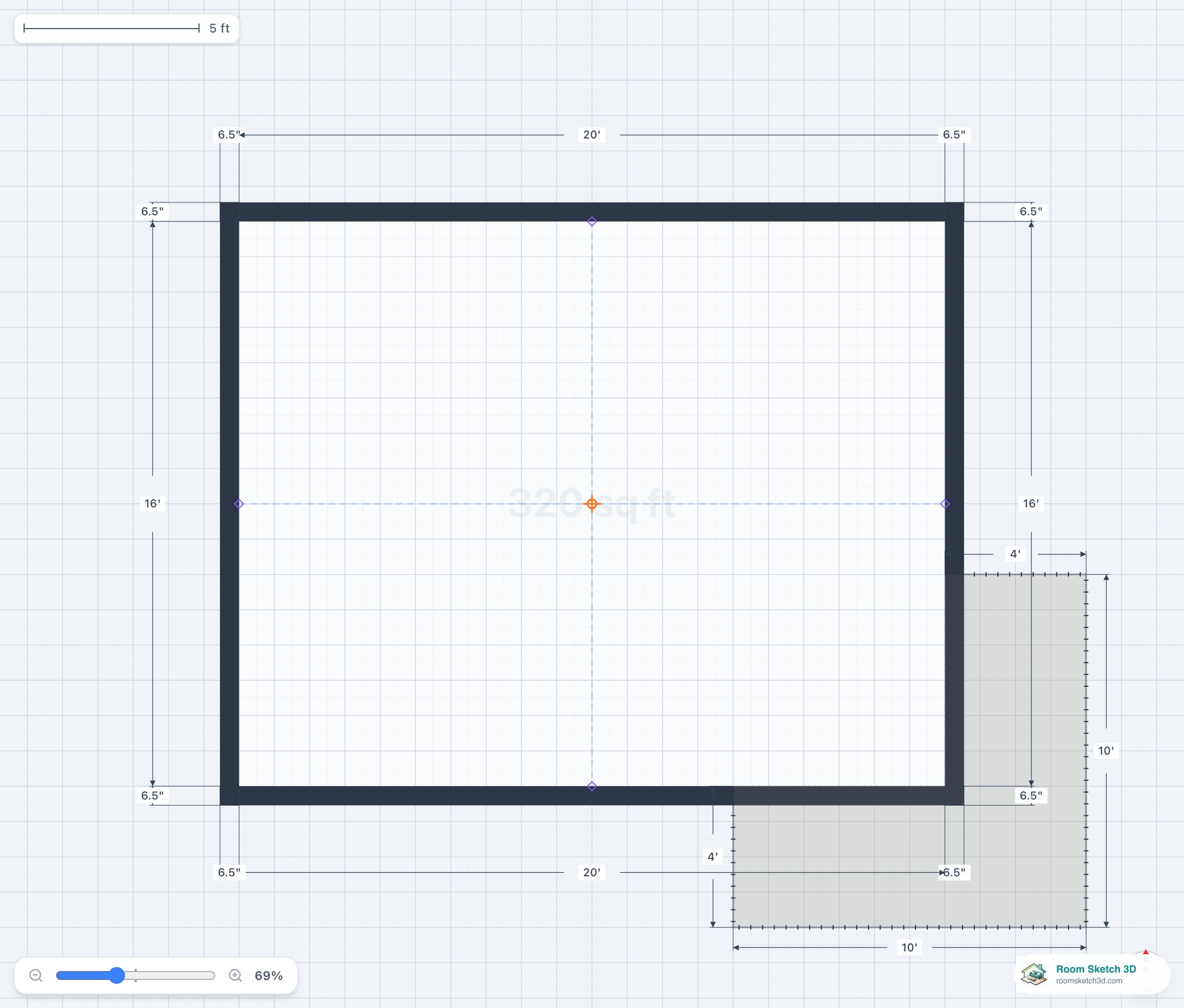 An L-shaped balcony wrapping a room corner in the 2D plan