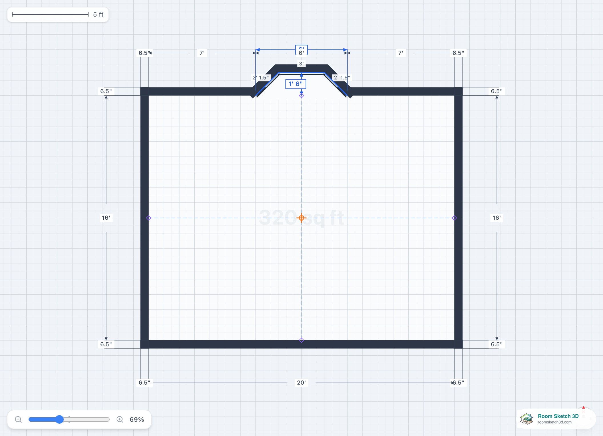 An angled bay window projecting outward from a wall in the 2D plan, fully dimensioned