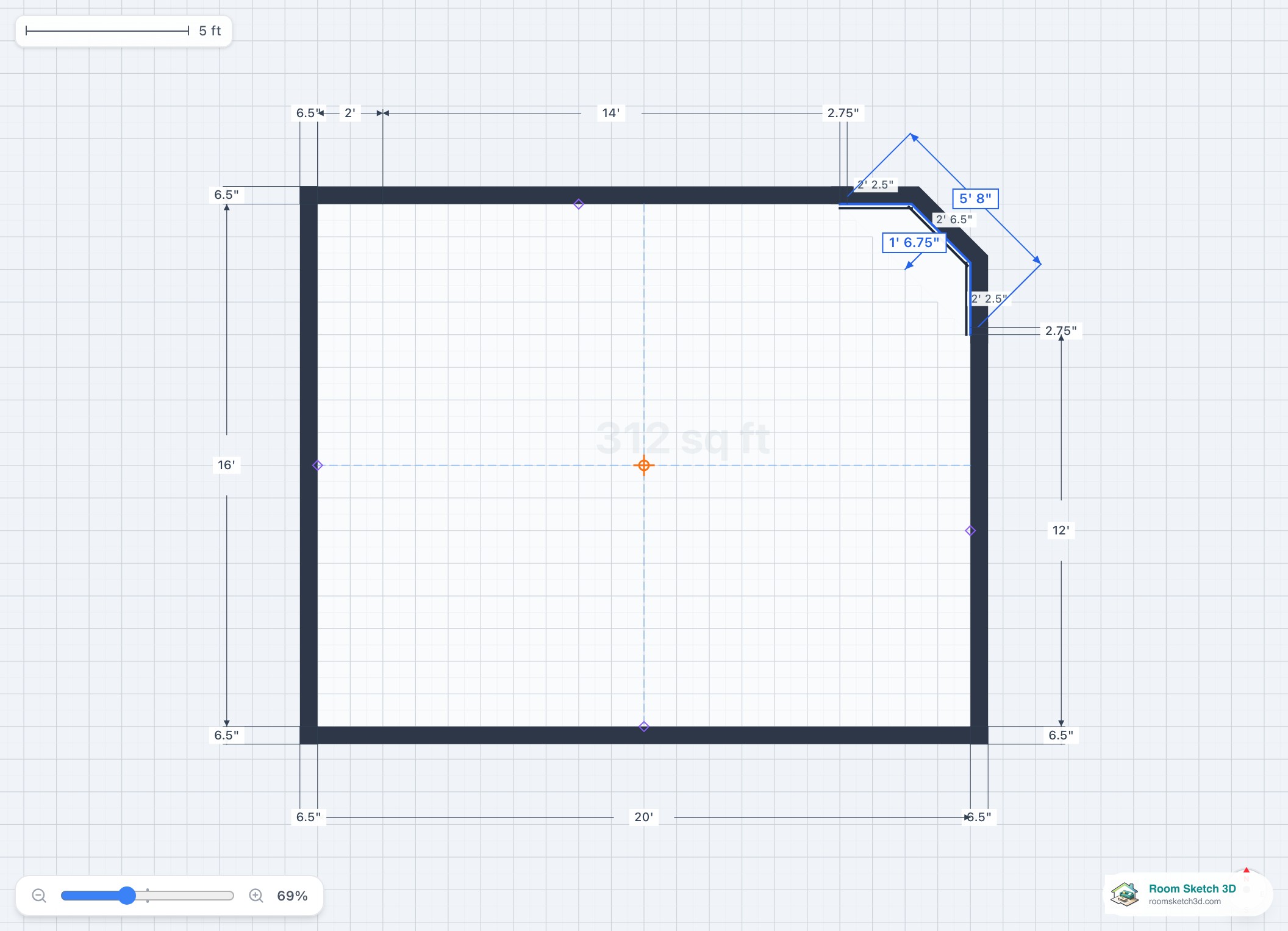 A corner bay window wrapping two walls at a room corner in the 2D plan