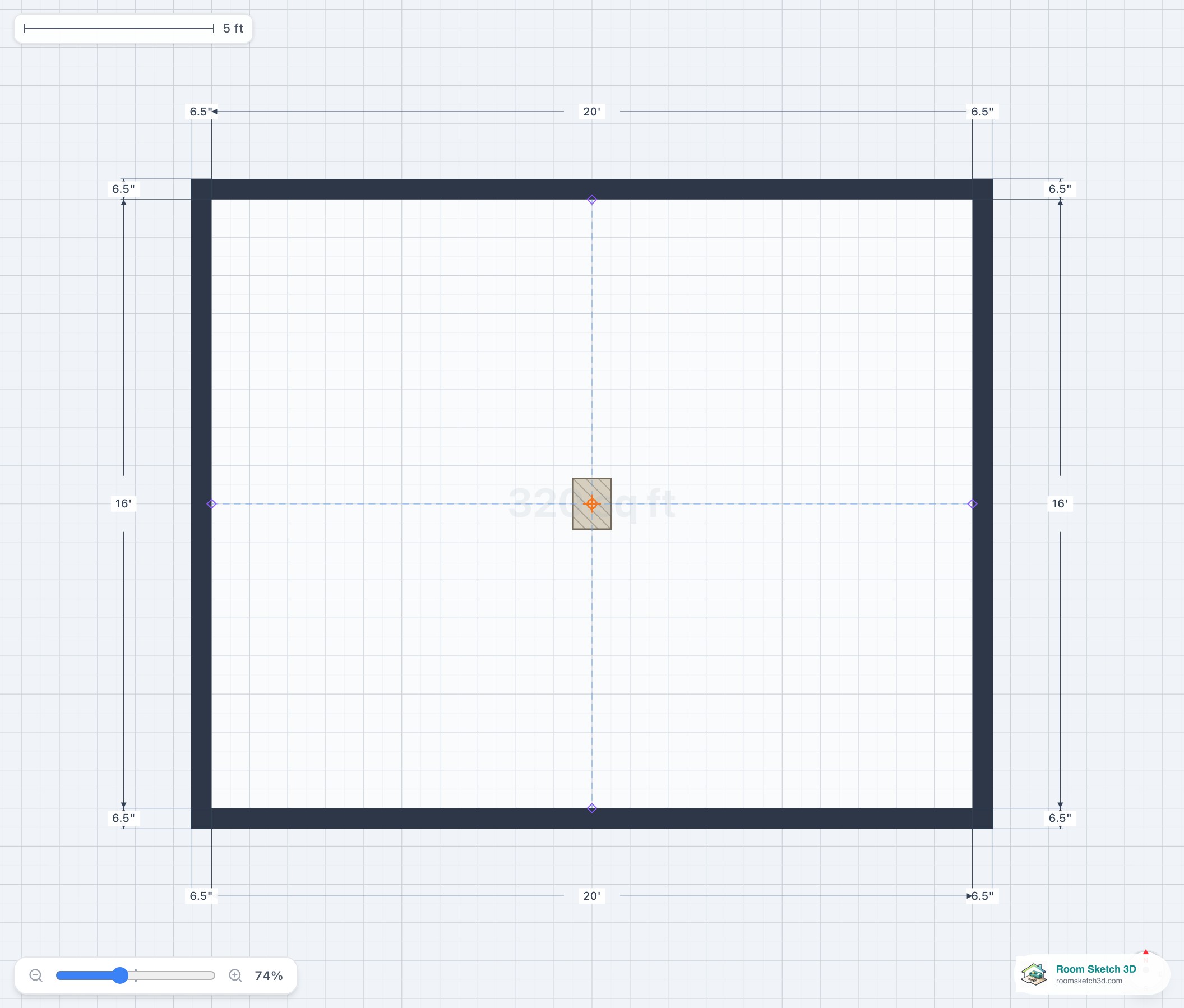 A structural pillar placed inside a room in the 2D plan, shown as a small hatched square