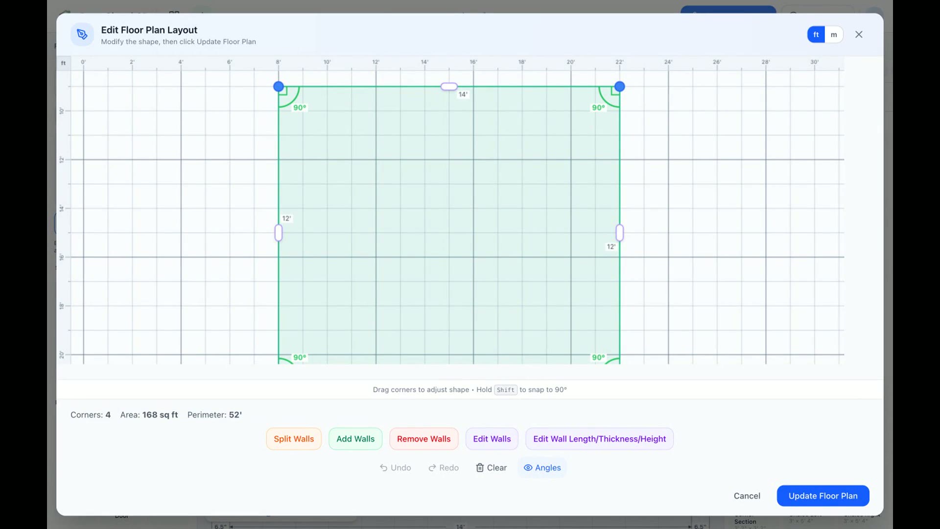 The Edit Floor Plan Layout editor with draggable corner handles, wall-length labels, and a toolbar
