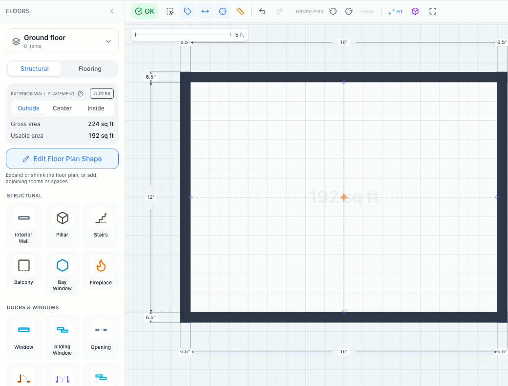 Outside wall placement: the drawn outline is the inside face, walls added outward, Gross 224 / Usable 192