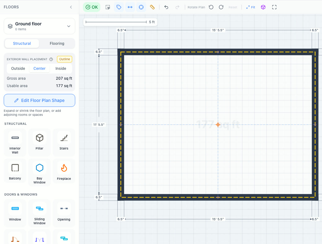 Center wall placement: walls straddle the outline, Gross 207 / Usable 177
