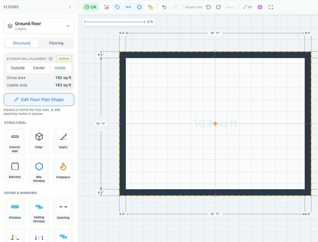 Inside wall placement: the drawn outline is the outside envelope, walls taken inward, Gross 192 / Usable 163