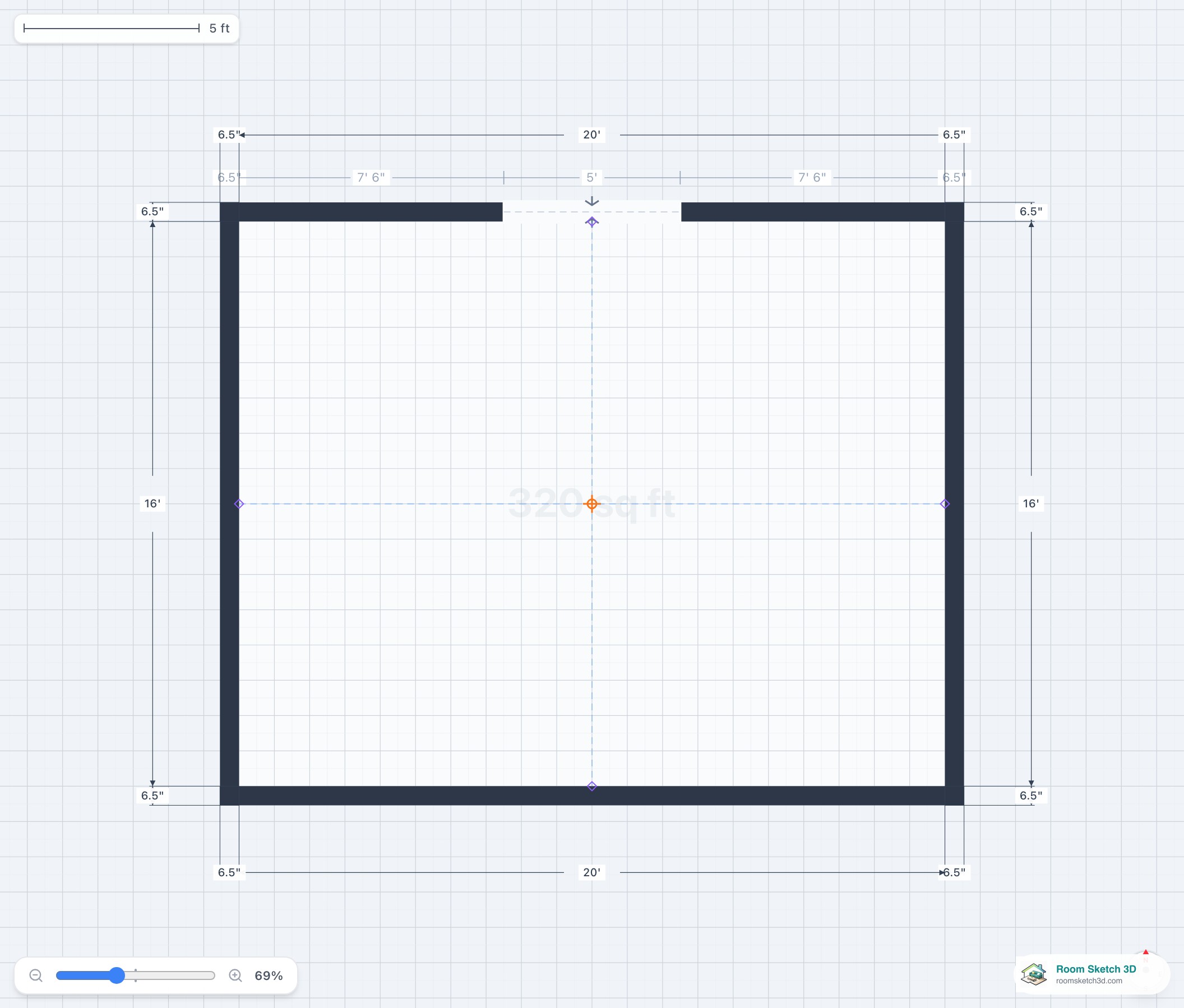A doorless opening in a wall in the 2D plan — a passage with no swing arc