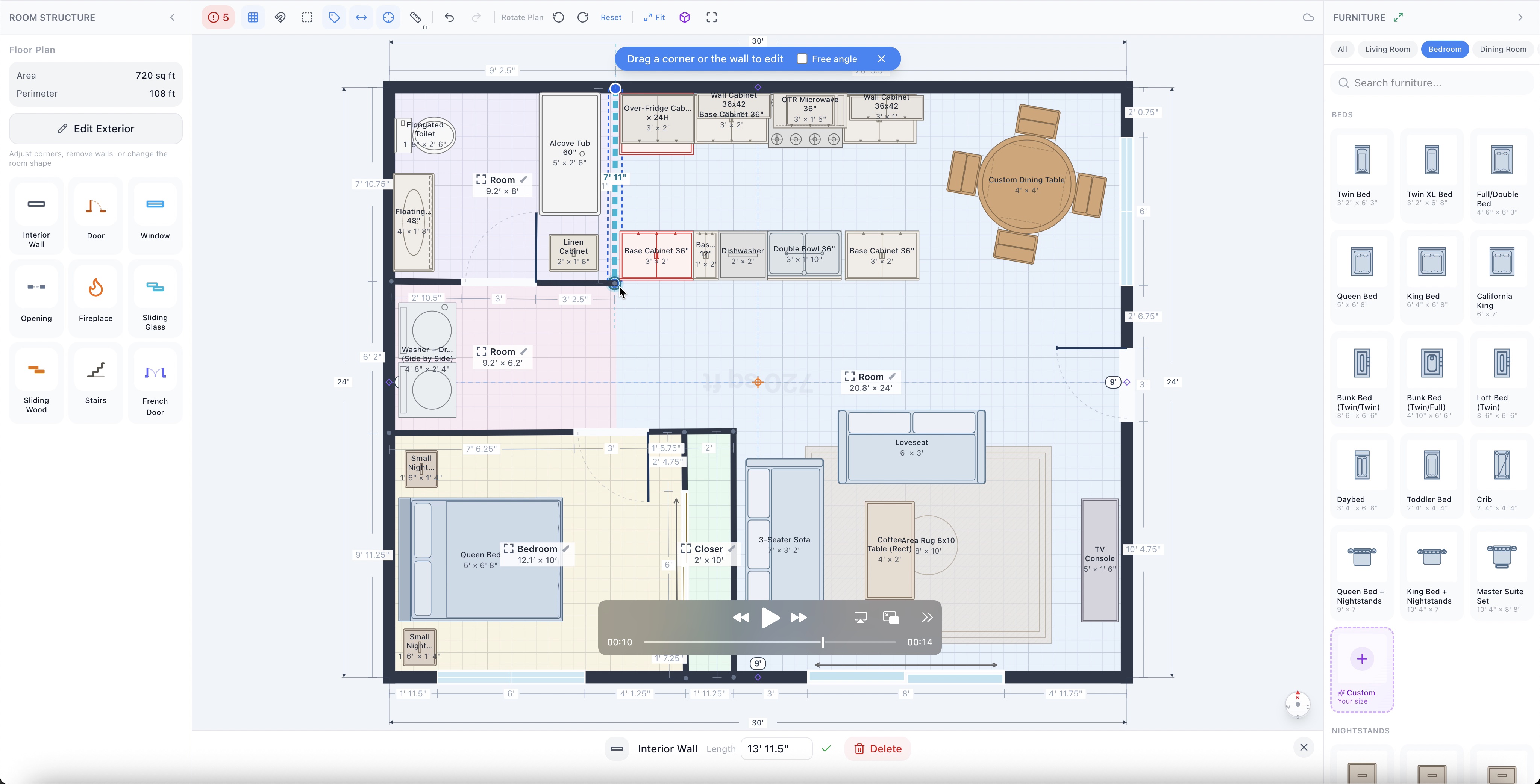 Editing an interior wall by typing a length in the inspector and by dragging a corner