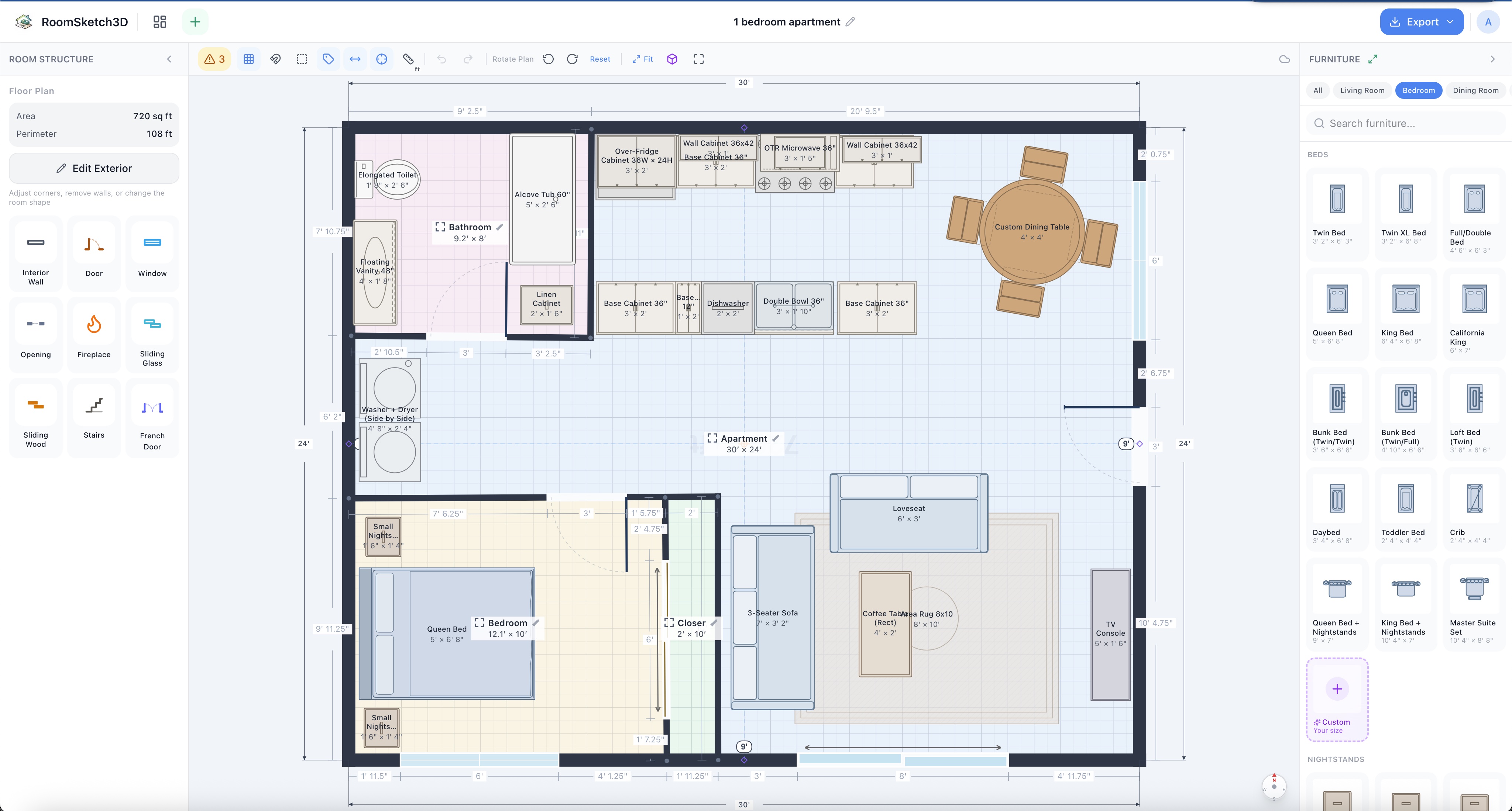 The finished 1-bedroom apartment plan with auto-detected room labels