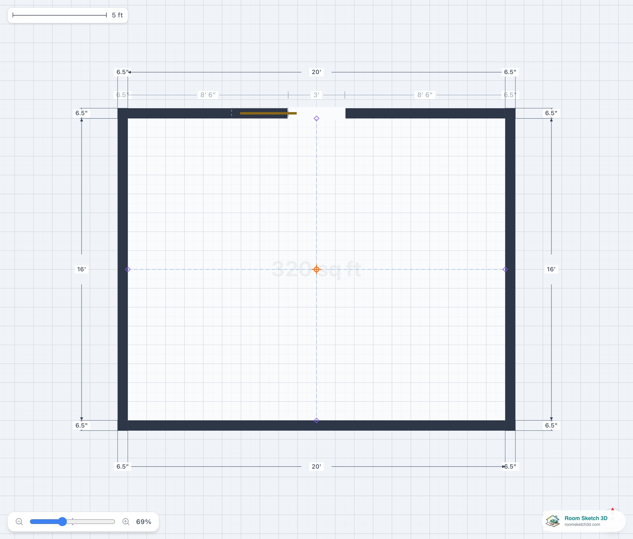 A pocket door on a wall in the 2D plan, sliding into the wall cavity