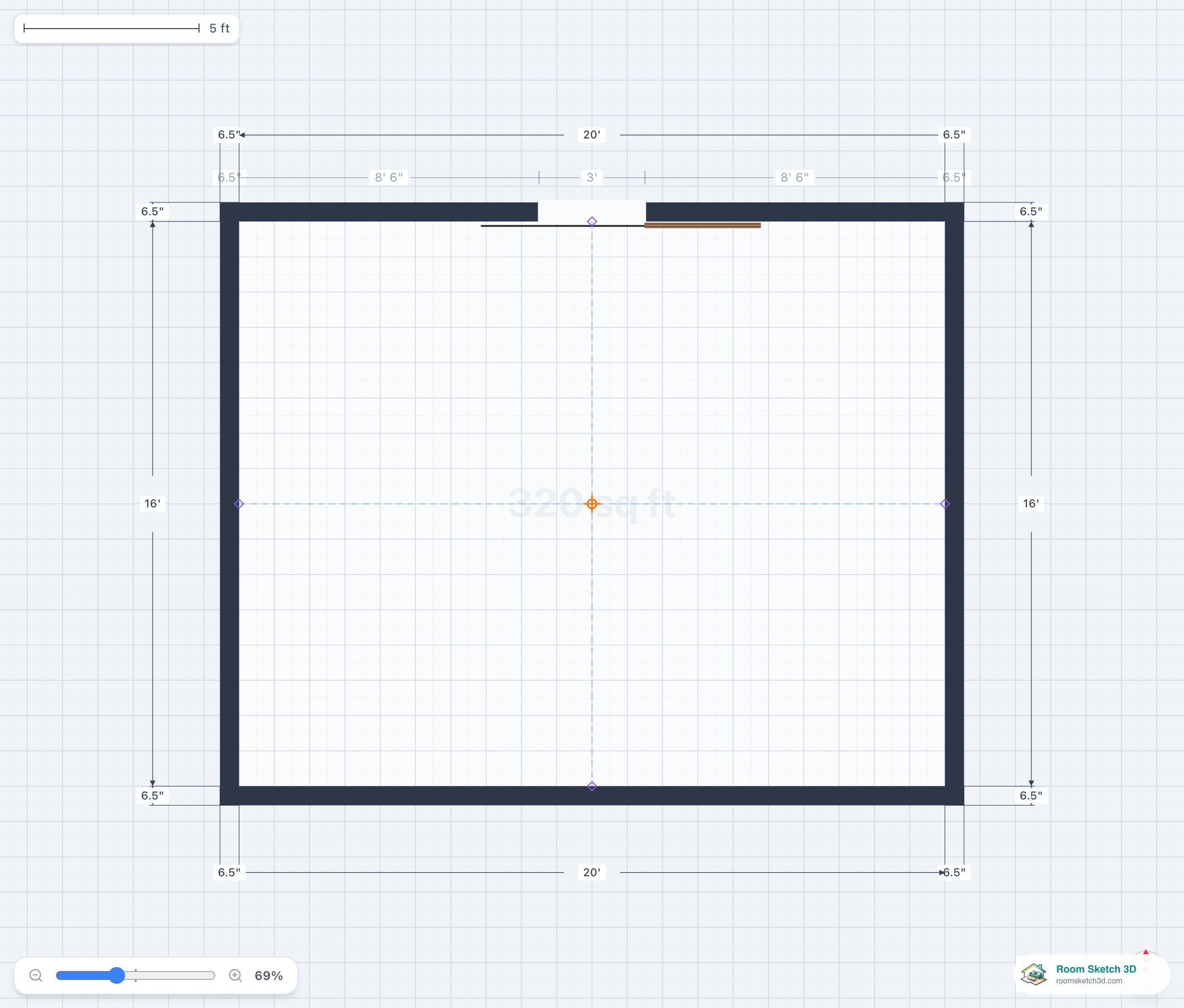 A barn door mounted on a track over the wall in the 2D plan