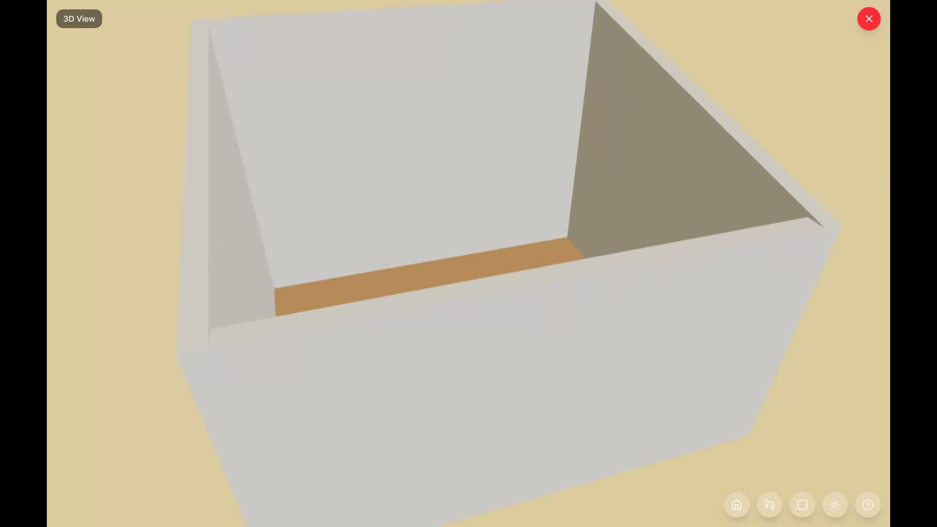 A room in 3D with one wall taller than the others, the ceiling sloping up to meet it