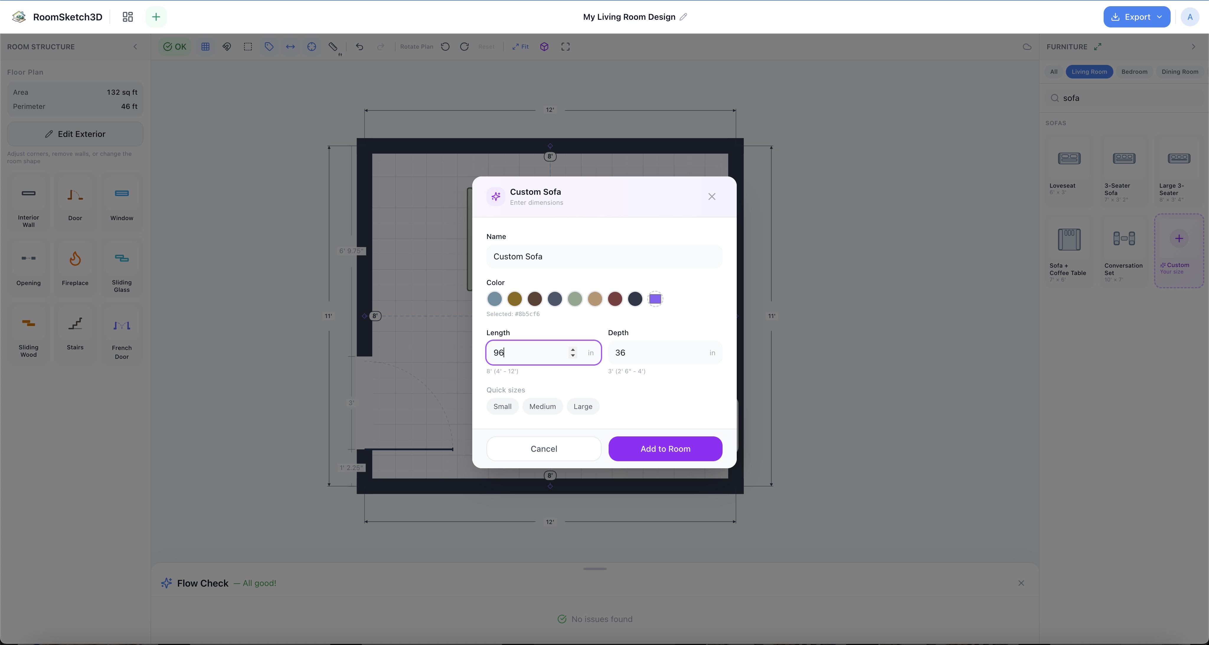 The custom furniture dialog with a sofa's width, depth, and height entered