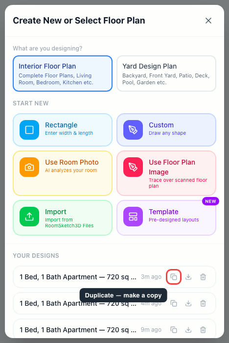 The Create New or Select Floor Plan window with the Duplicate icon highlighted on a design in Your Designs