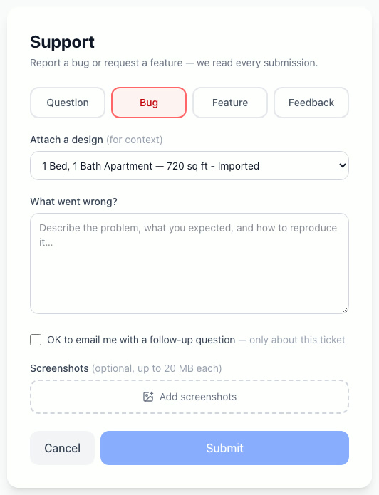 The Support form on the Bug tab asking what went wrong, with reproduce steps