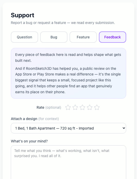 The Support form on the Feedback tab with a star rating and comment box
