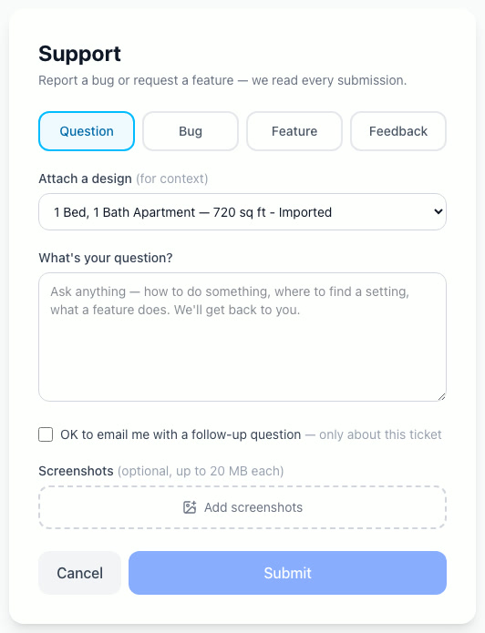 The Support form on the Question tab, with a question box, attach-a-design dropdown, and Submit