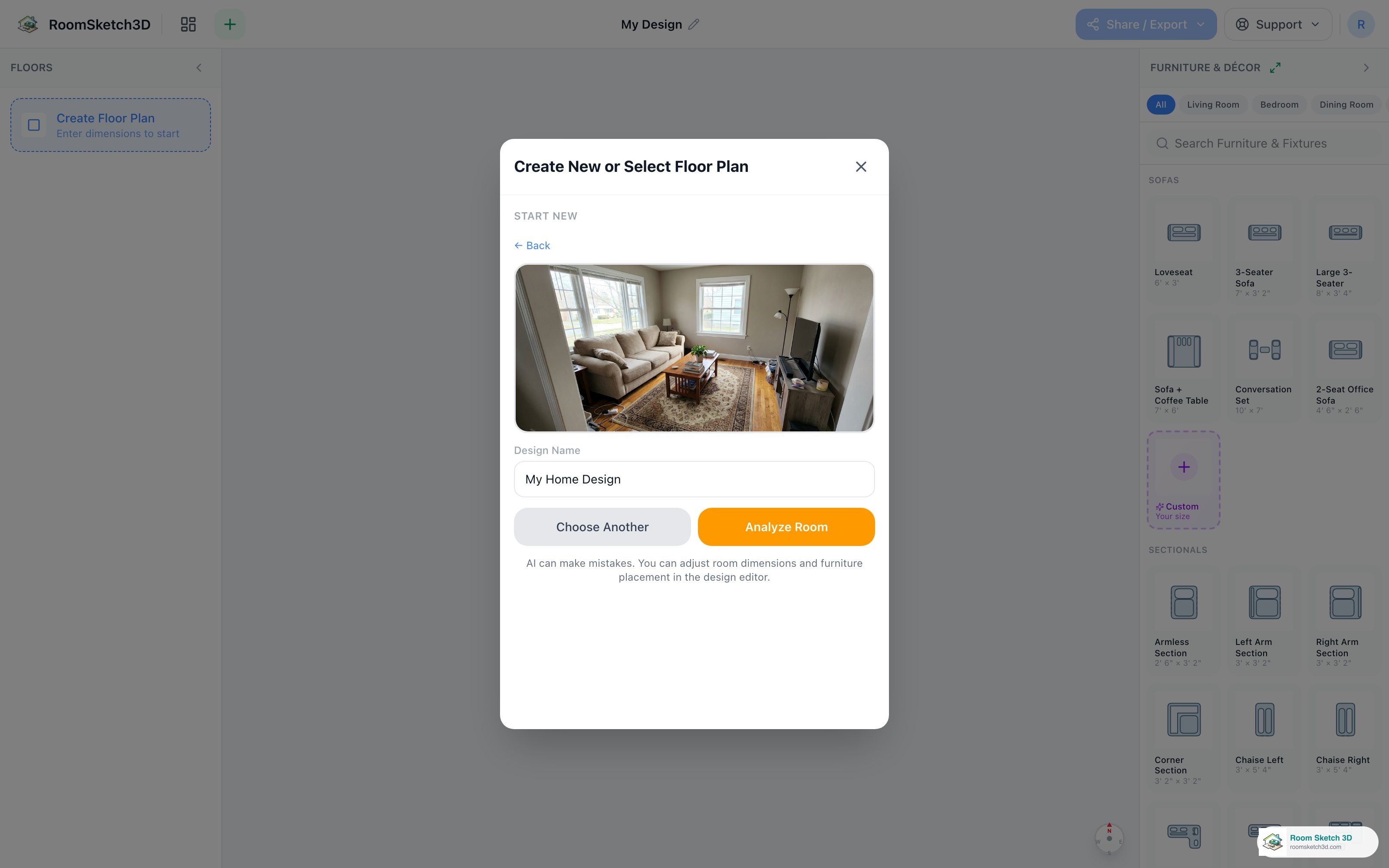 The photo preview screen with a name field and the Analyze Room button