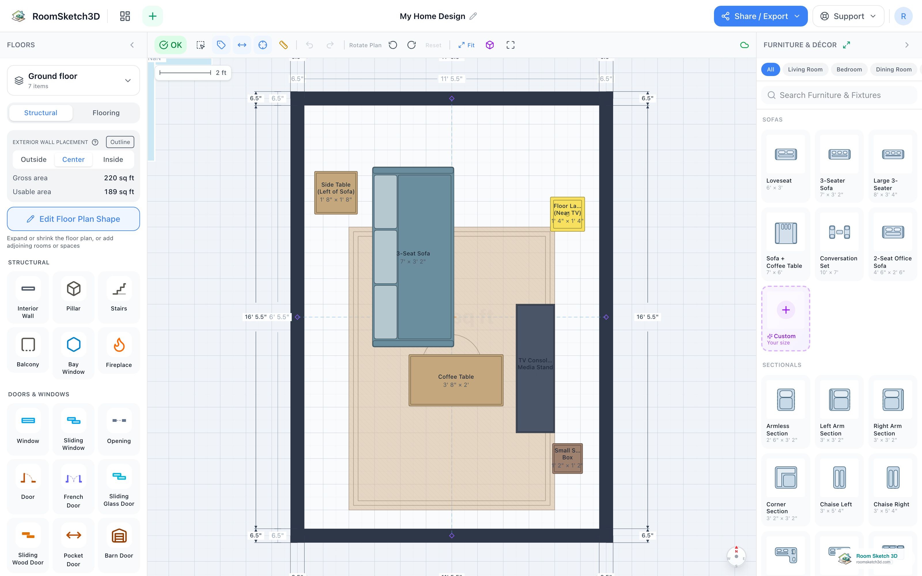 The editor showing a floor plan and furniture generated from a room photo