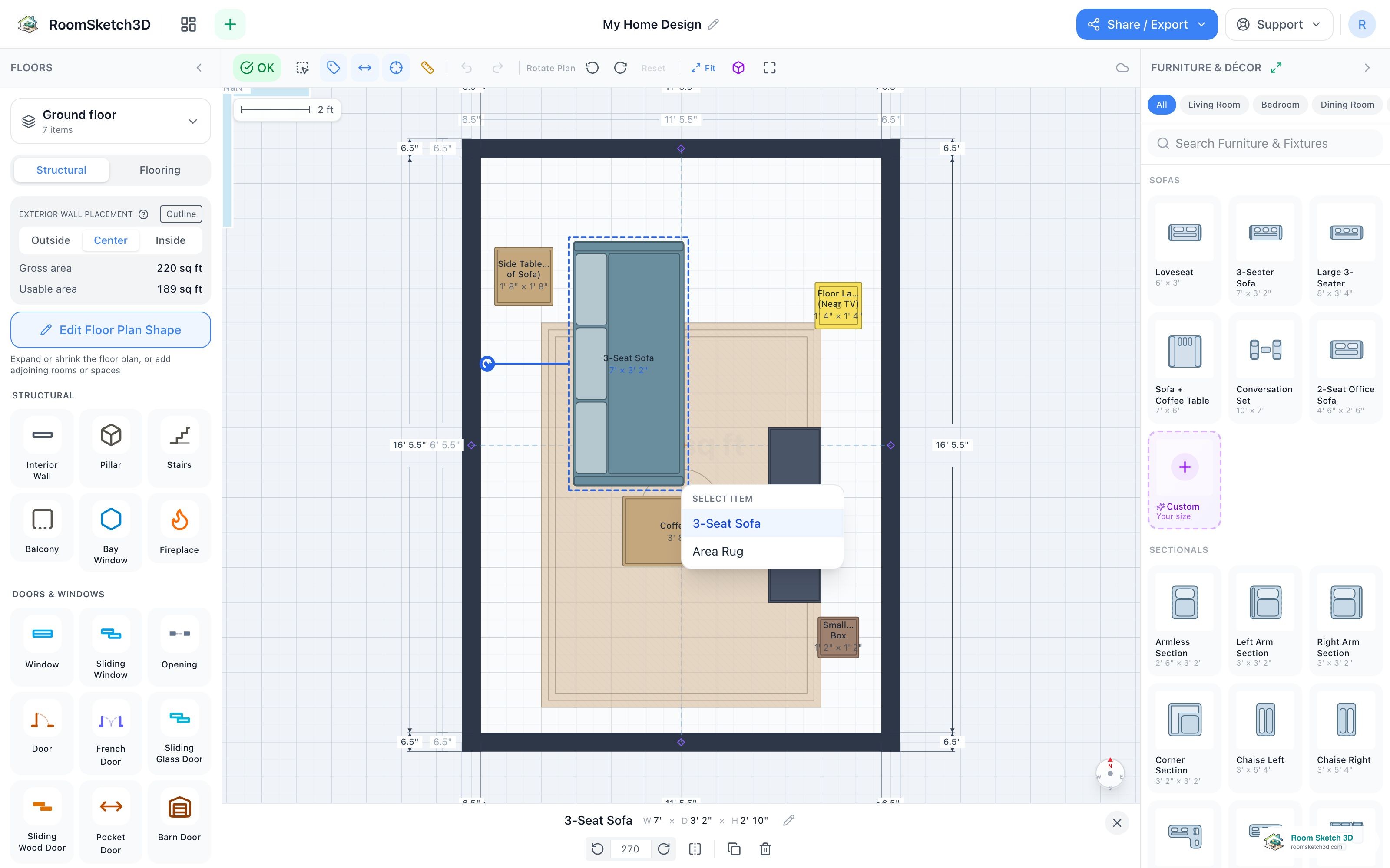 Editing a generated floor plan — adjusting a wall and resizing furniture