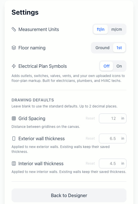 The Room Sketch 3D Settings page showing units, floor naming, electrical symbols, and drawing defaults