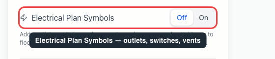 The Electrical Plan Symbols toggle highlighted in Settings