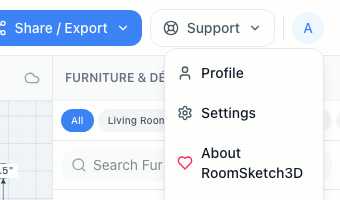 The account menu showing Profile, Settings, and About Room Sketch 3D