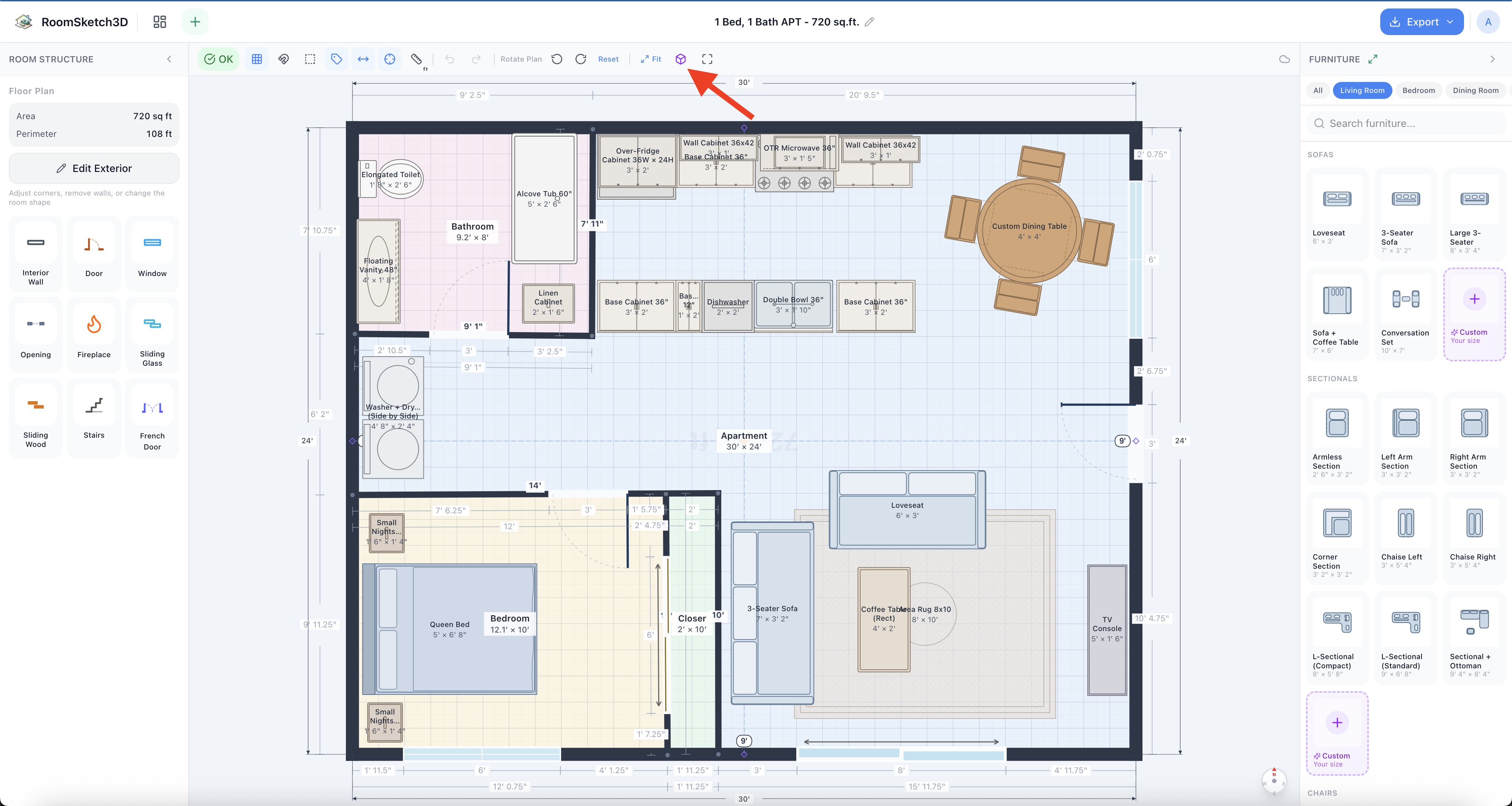 The 3D View button in the Room Sketch 3D editor