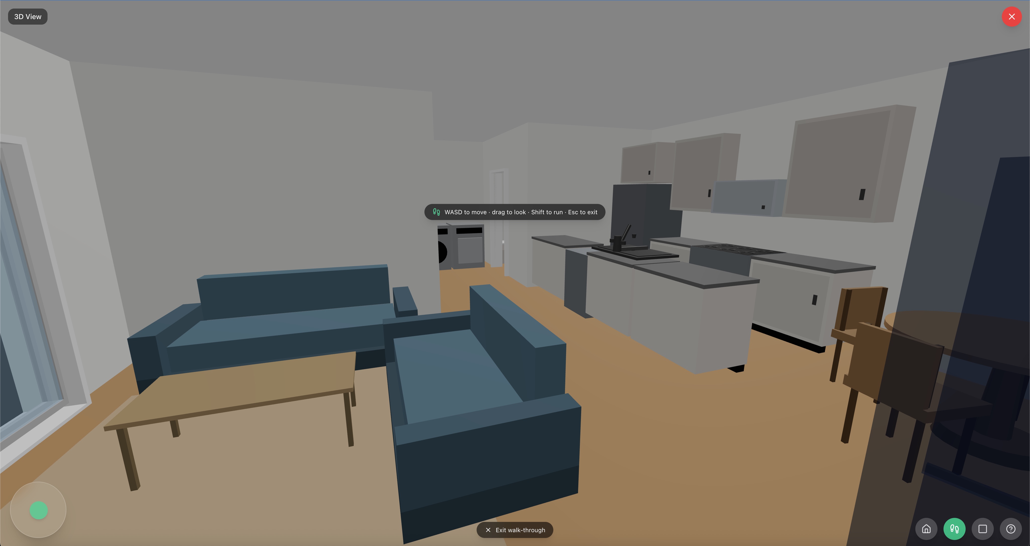 First-person walk mode in the 3D view, with the on-screen joystick and W/A/S/D movement