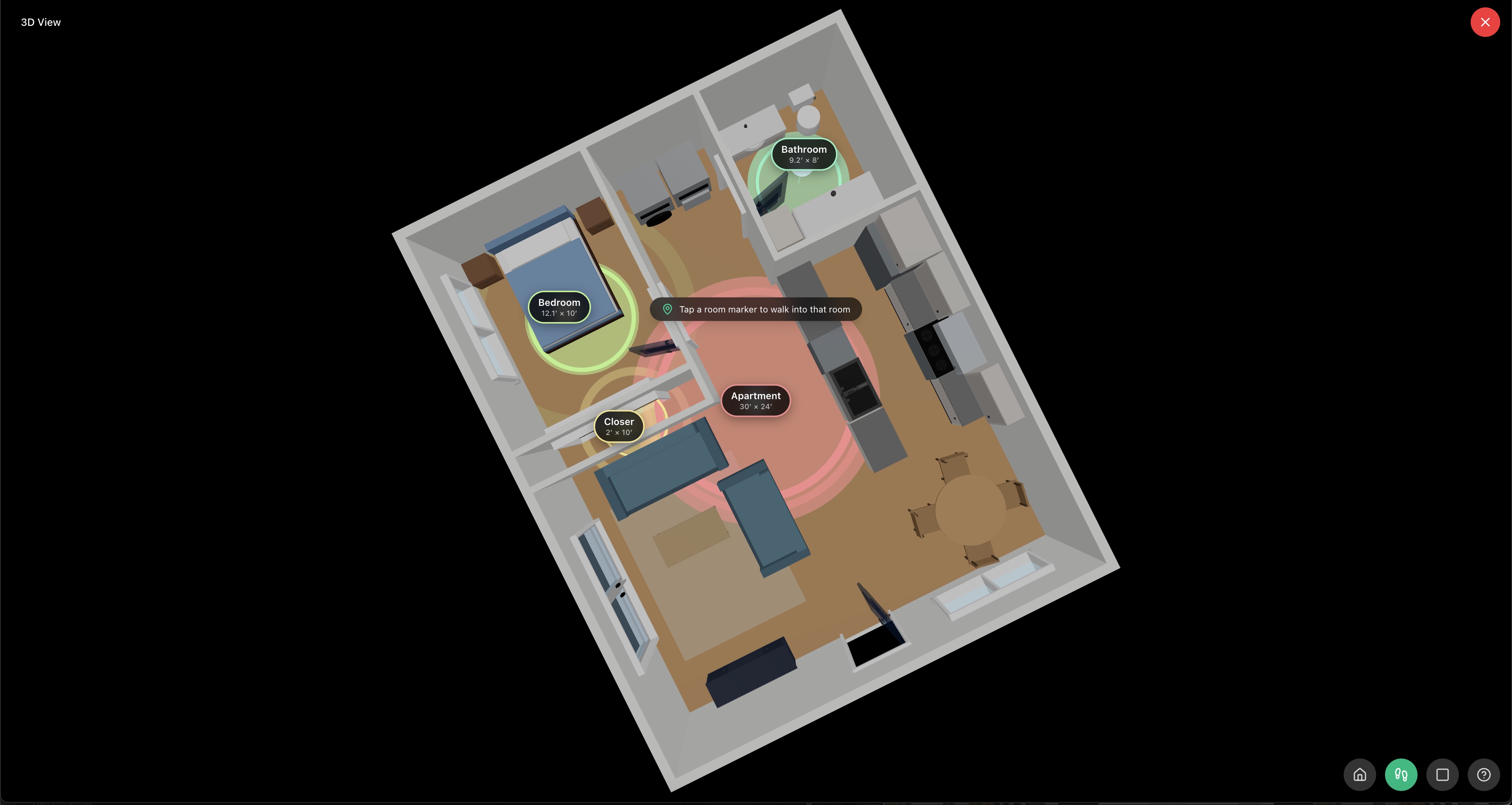 Labelled room beacons floating above each room in the 3D view