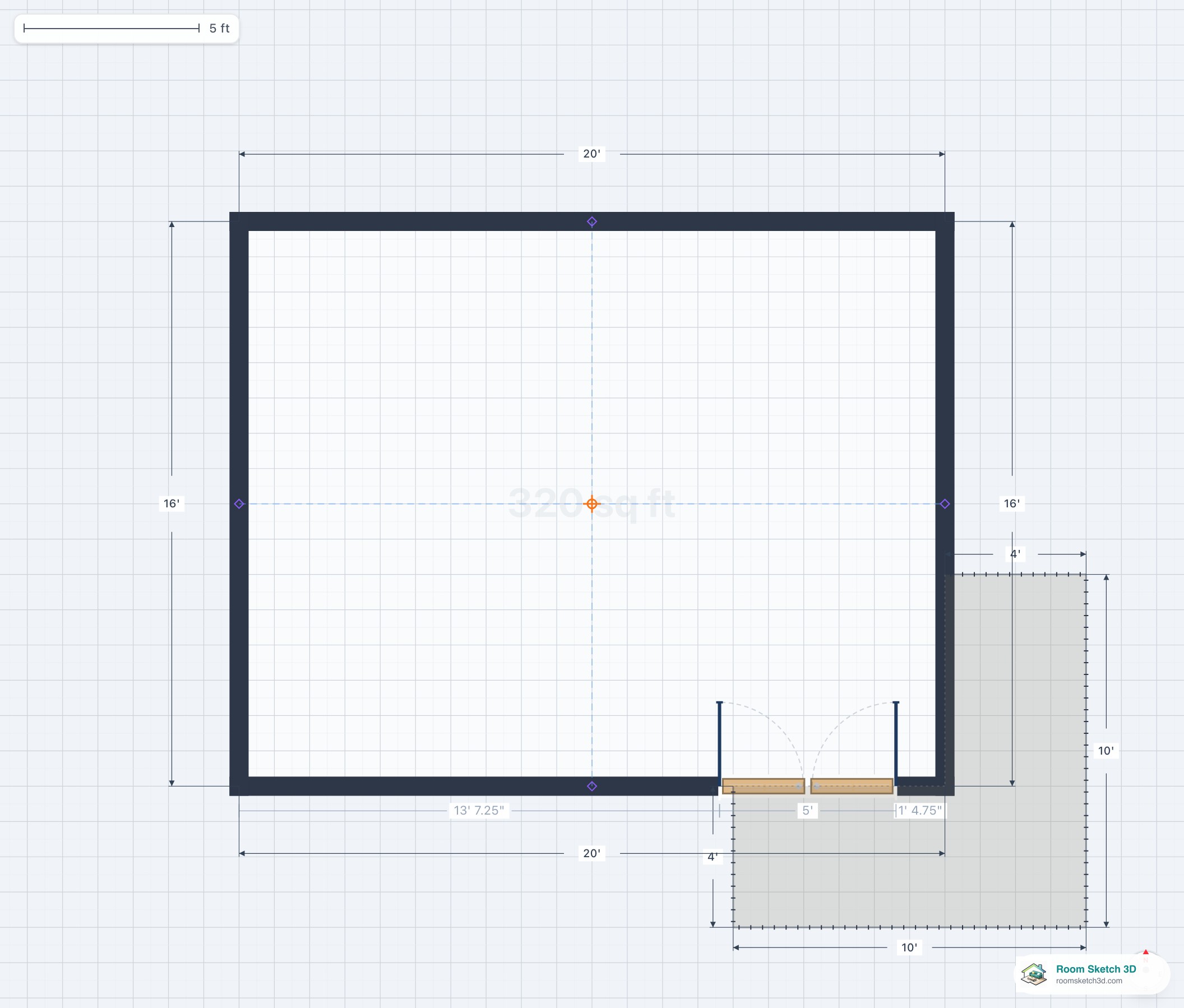 Floor plan of an L-shaped balcony wrapping a building corner, with French door access from the room