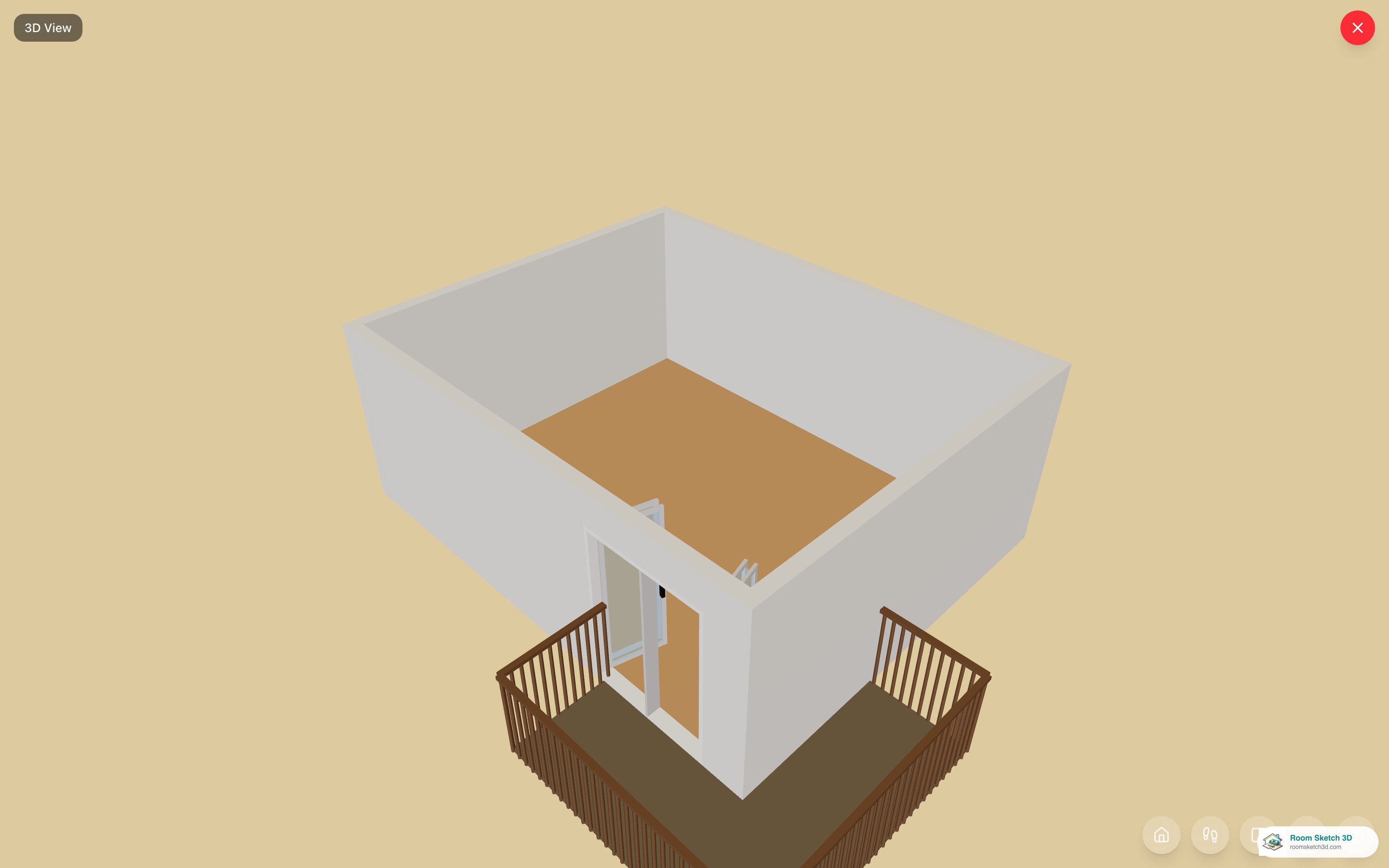 3D view of an L-shaped balcony wrapping a building corner — two adjoining segments meeting at the corner with railings on each outer edge