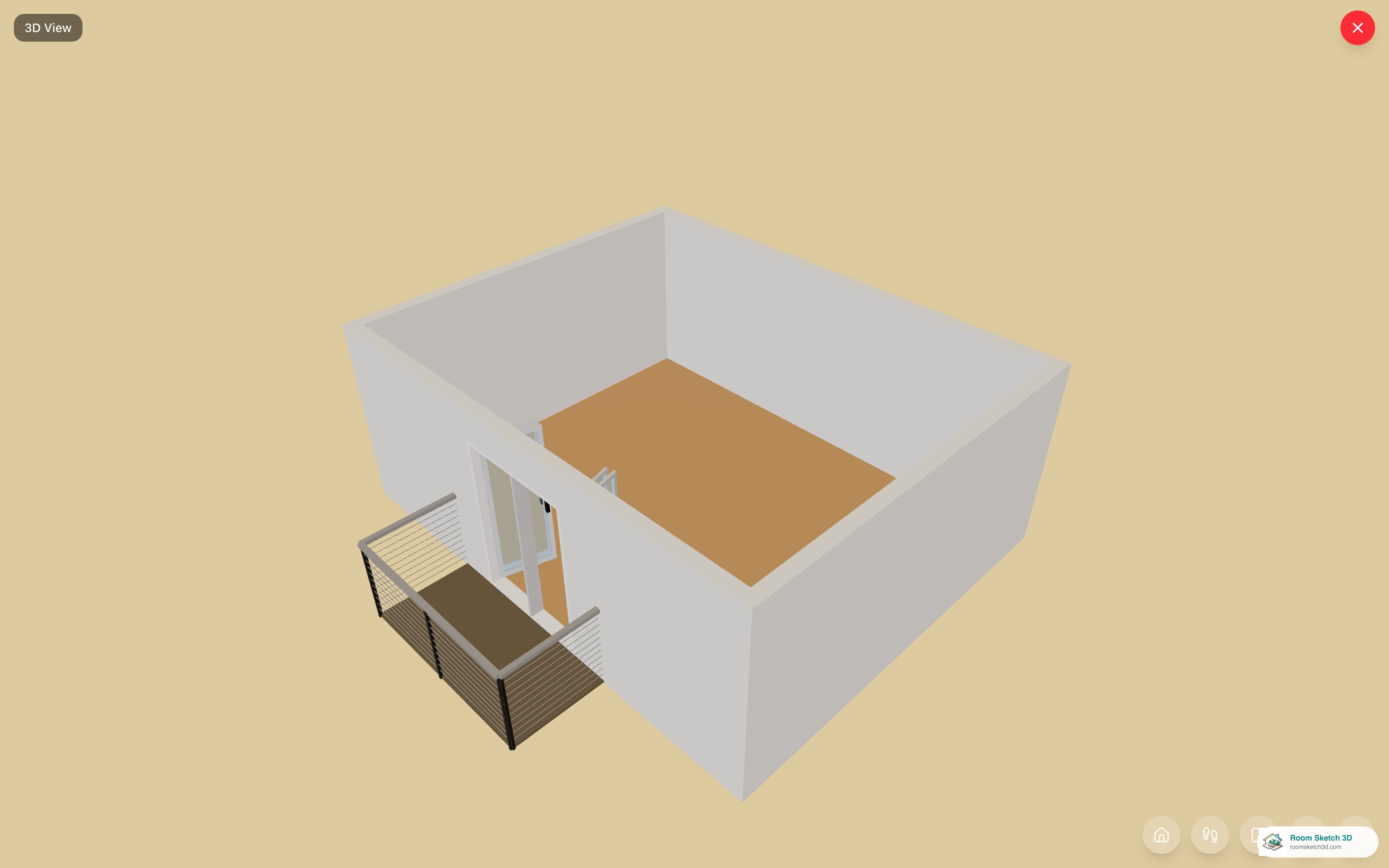 3D view of a balcony with stainless-steel cable railings — thin horizontal cables between metal posts