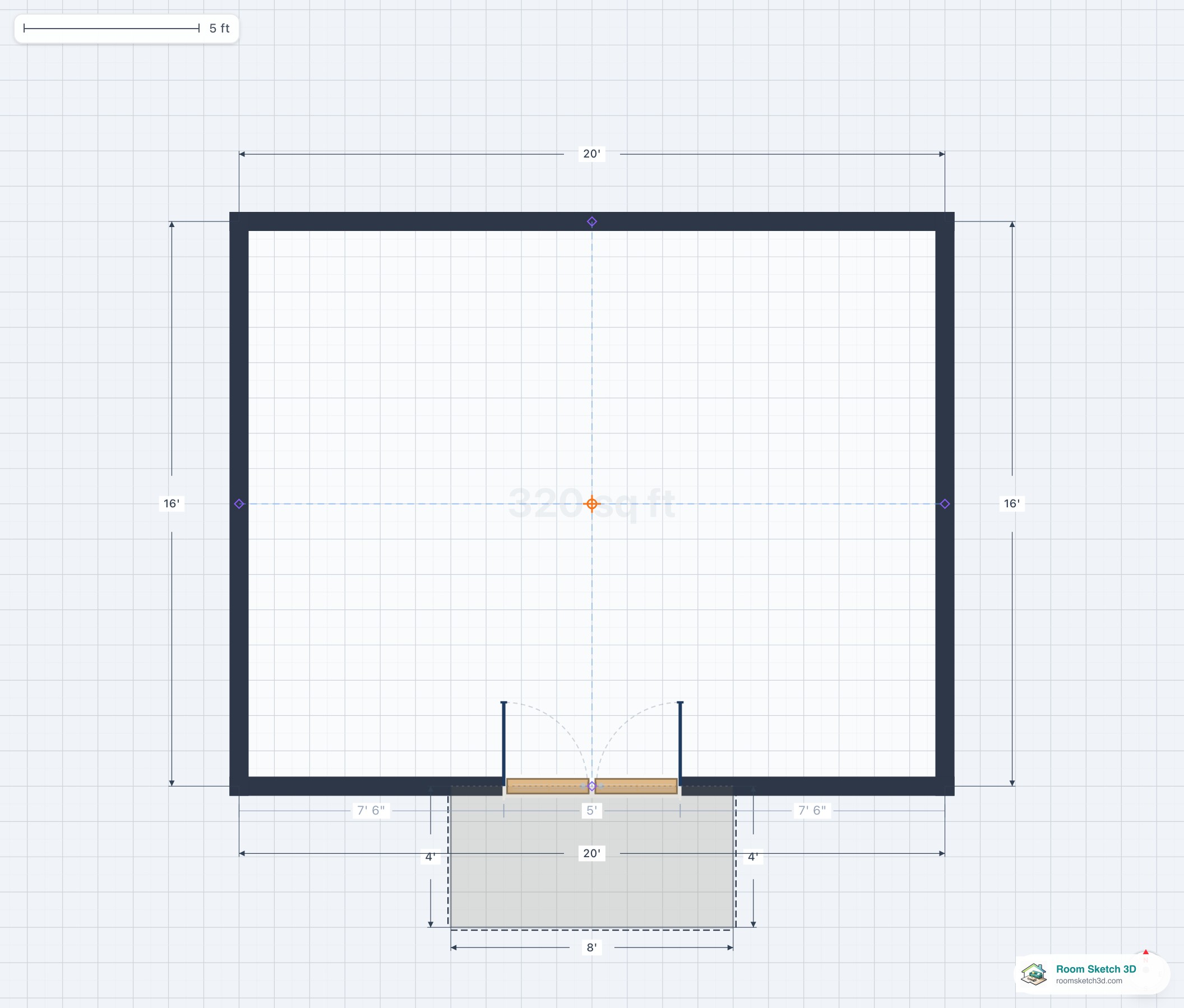 Floor plan of a balcony with horizontal-slat railings — railing rendered with a slat-pattern stroke