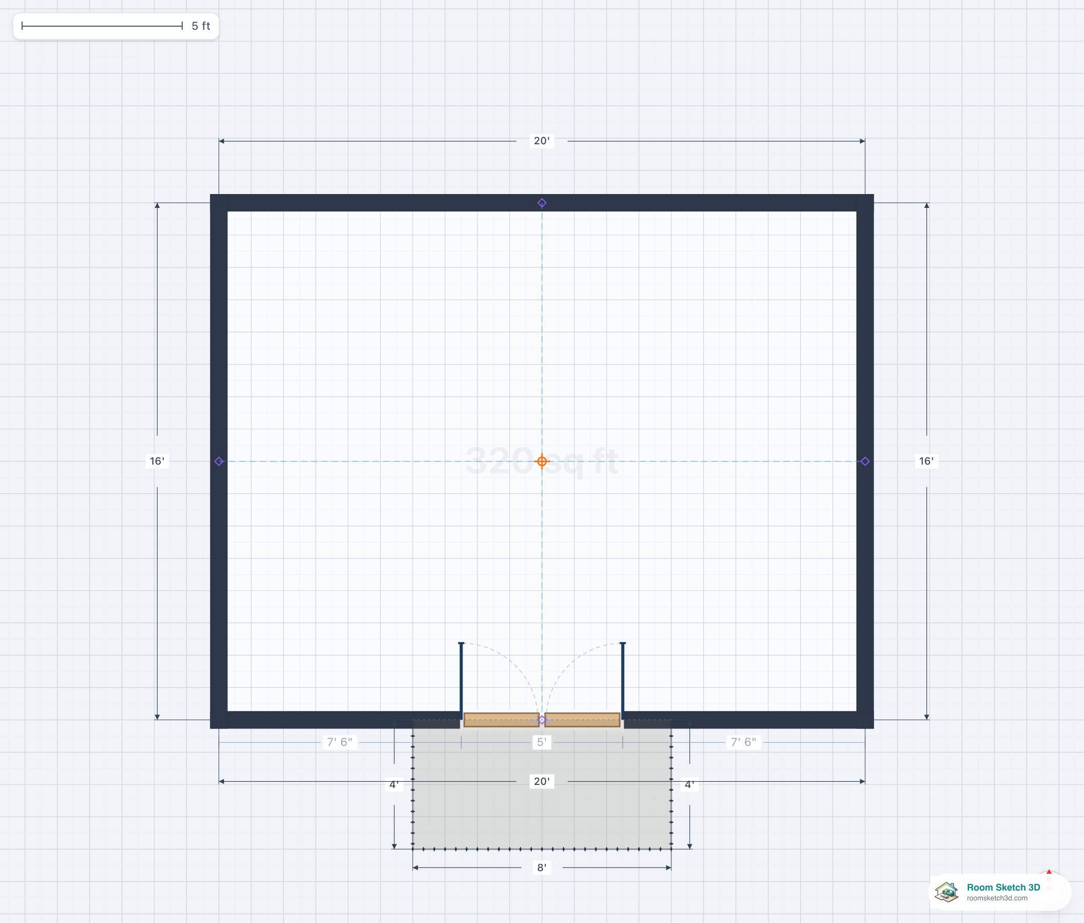 Floor plan of a balcony with picket railings — railing rendered with narrow vertical pickets