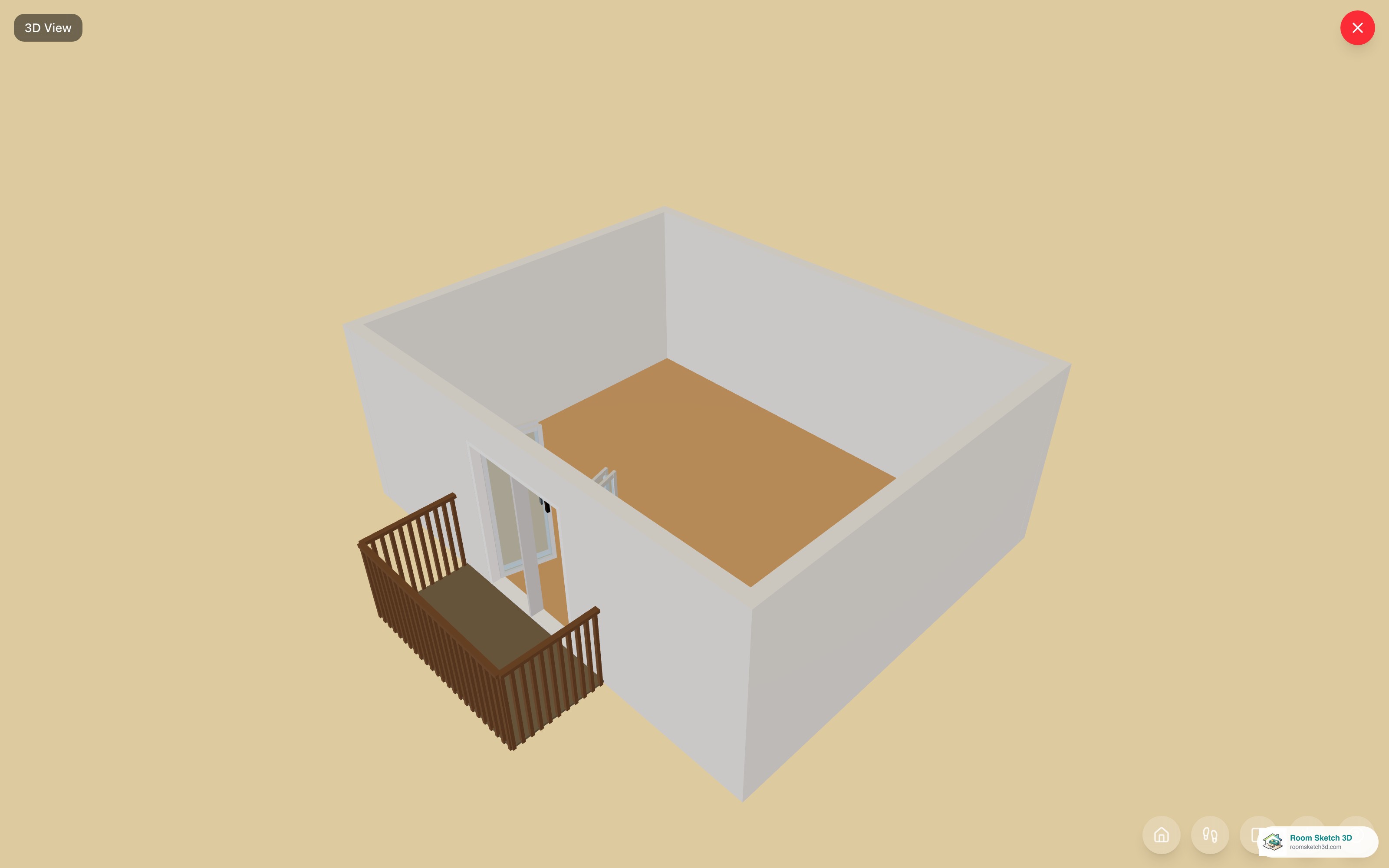 3D view of a balcony with white picket railings — pointed vertical pickets at narrow spacing