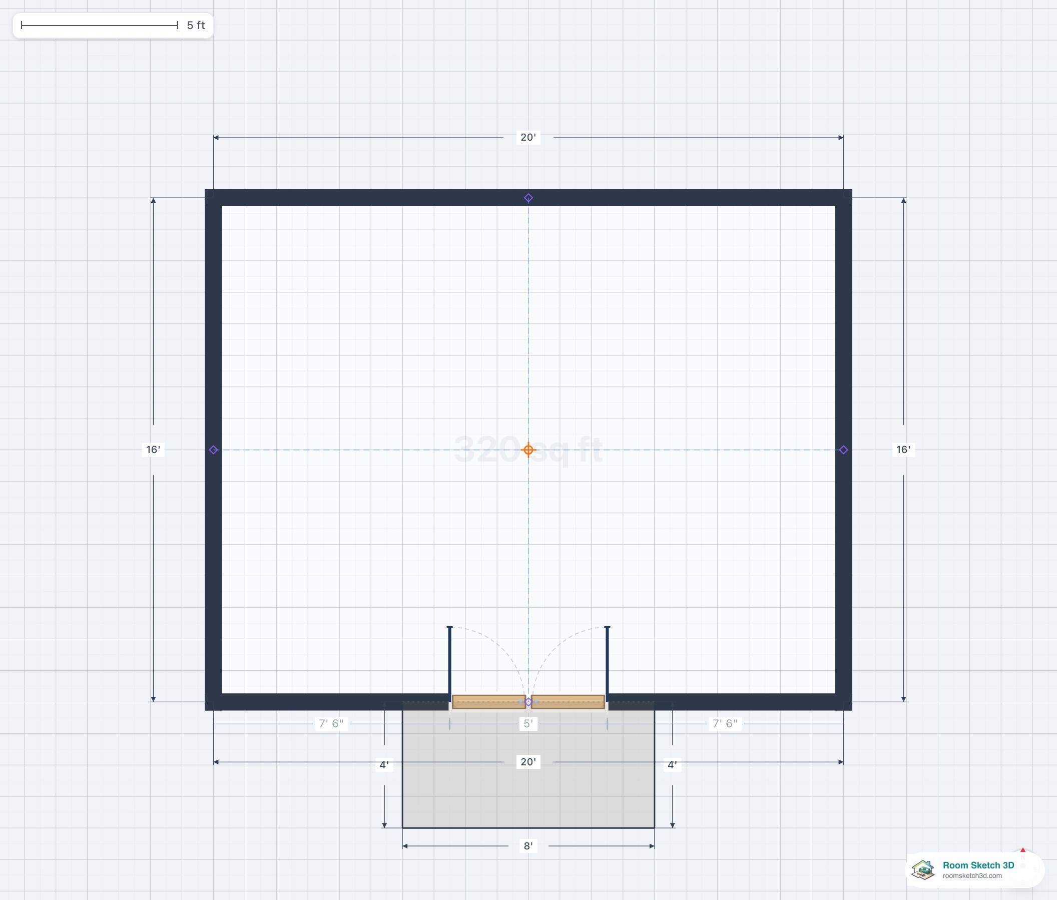 Floor plan of a balcony with a pony-wall railing — solid low wall rendered as a thicker filled stroke