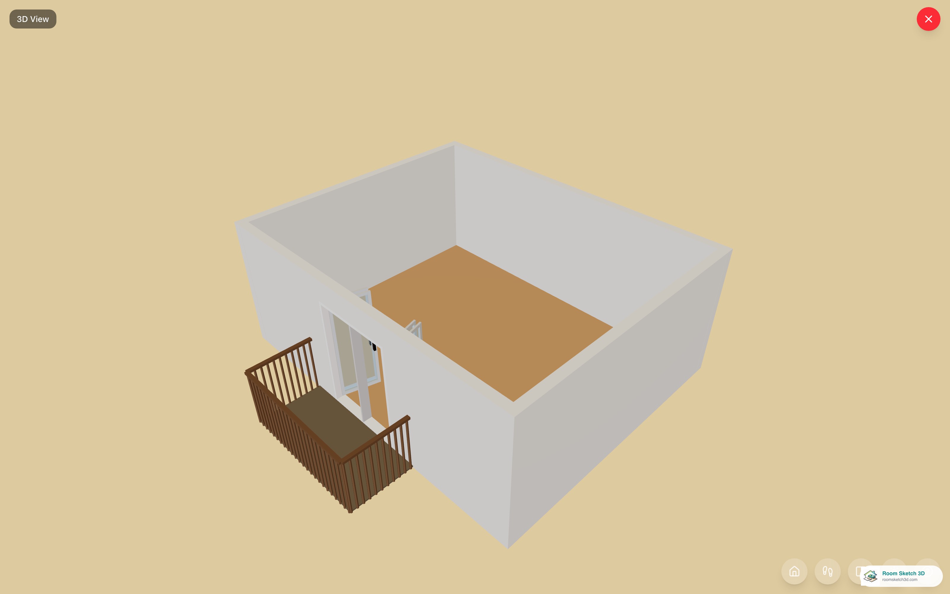 3D view of a rectangular balcony with spindle railing — vertical wood balusters spaced evenly along the perimeter