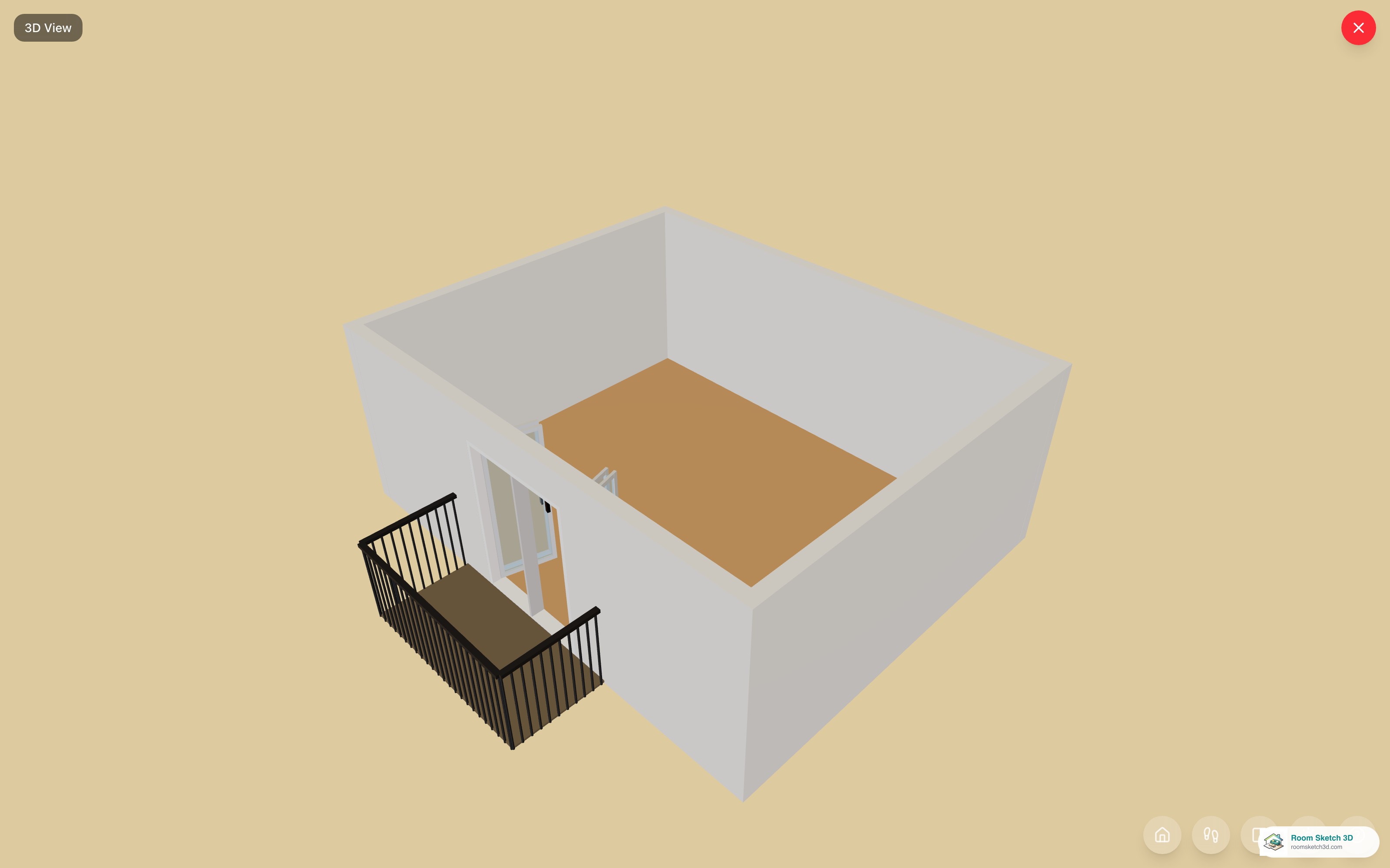 3D view of a balcony with wrought-iron railings — dark ornamental scrolled metalwork