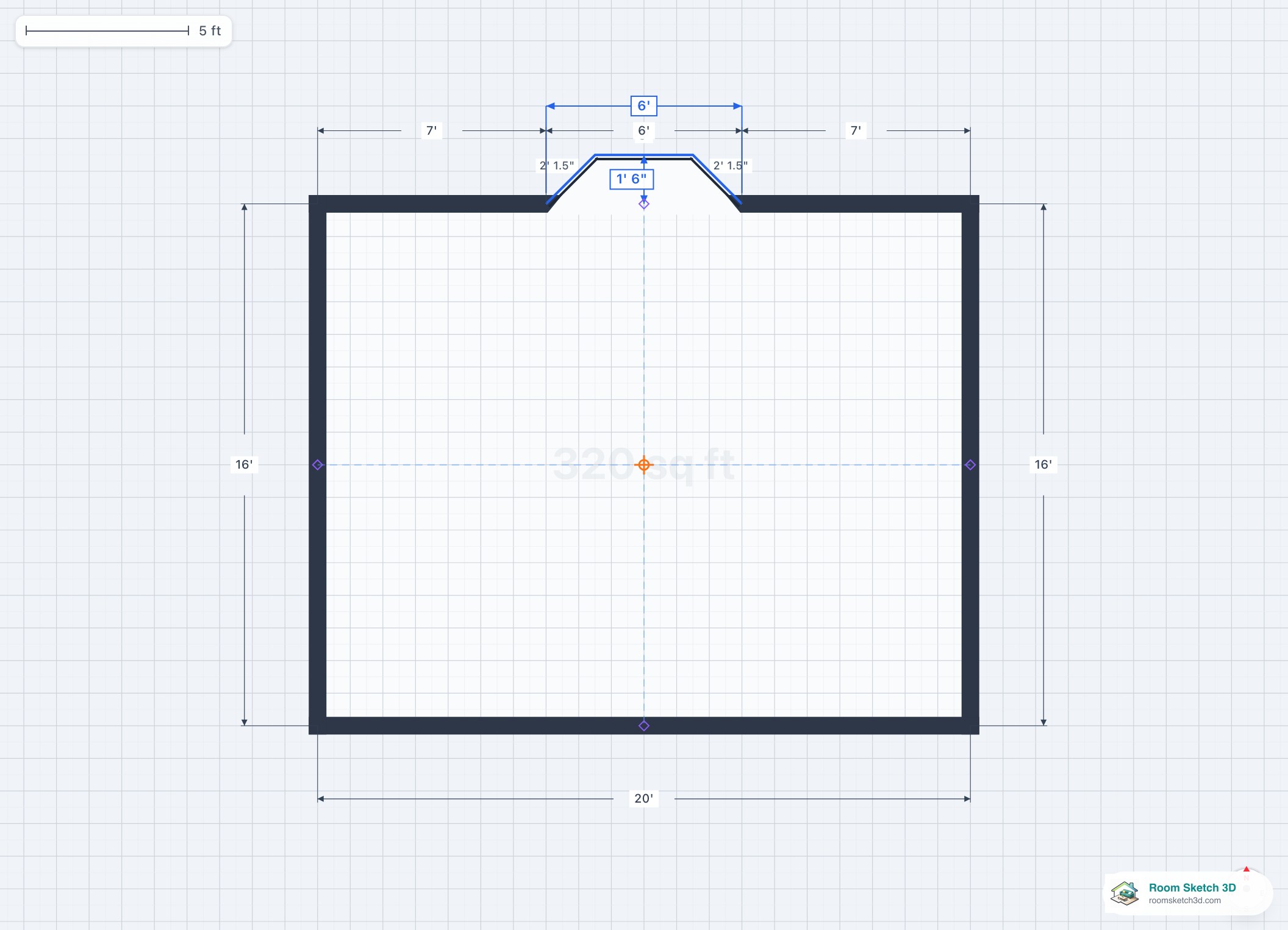 Angled bay window on a residential floor plan — three-panel projection with 30° angled side panels forming a trapezoidal alcove