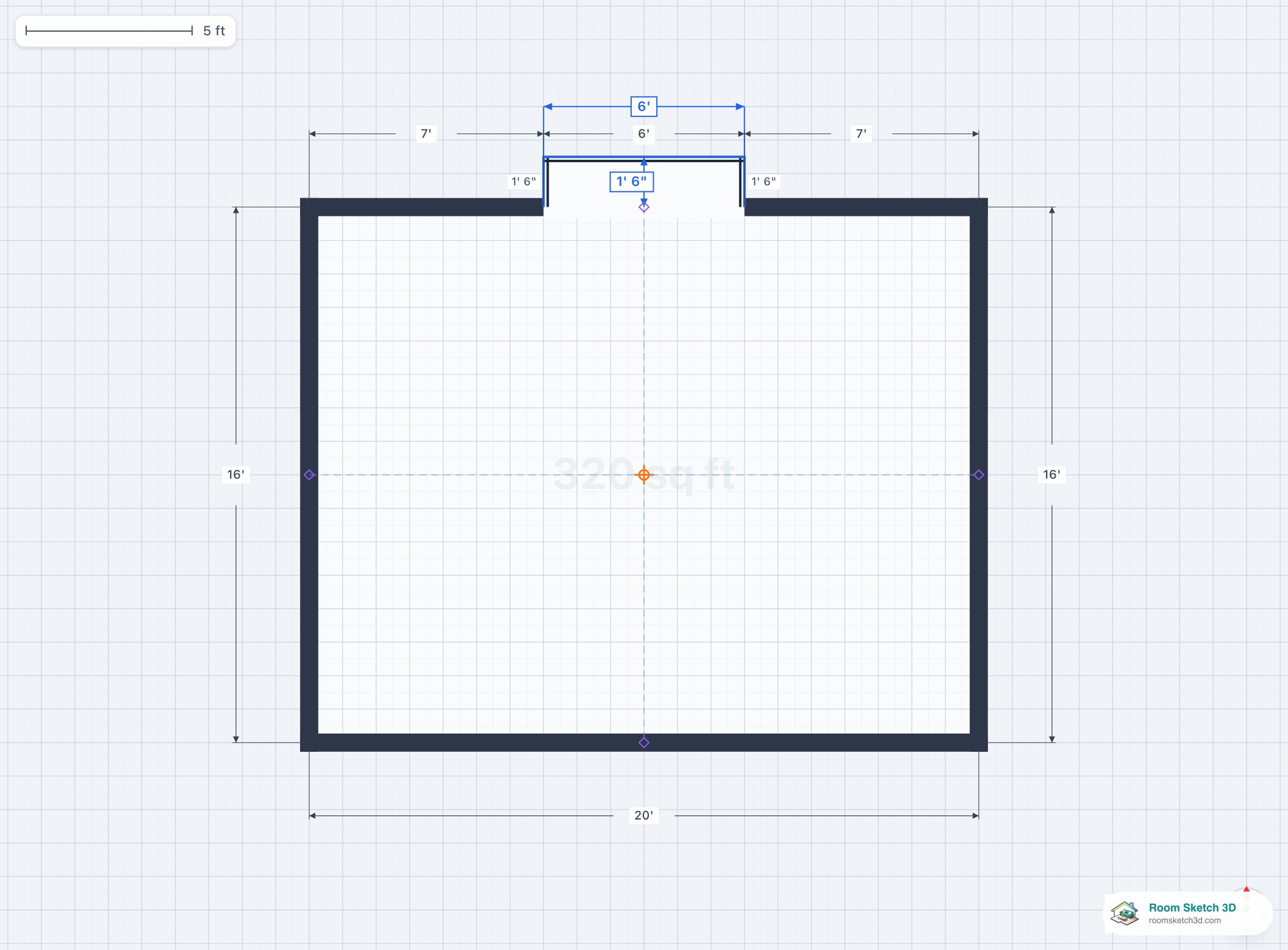 Box bay window on a residential floor plan — three-panel projection with 90° perpendicular side panels forming a rectangular alcove