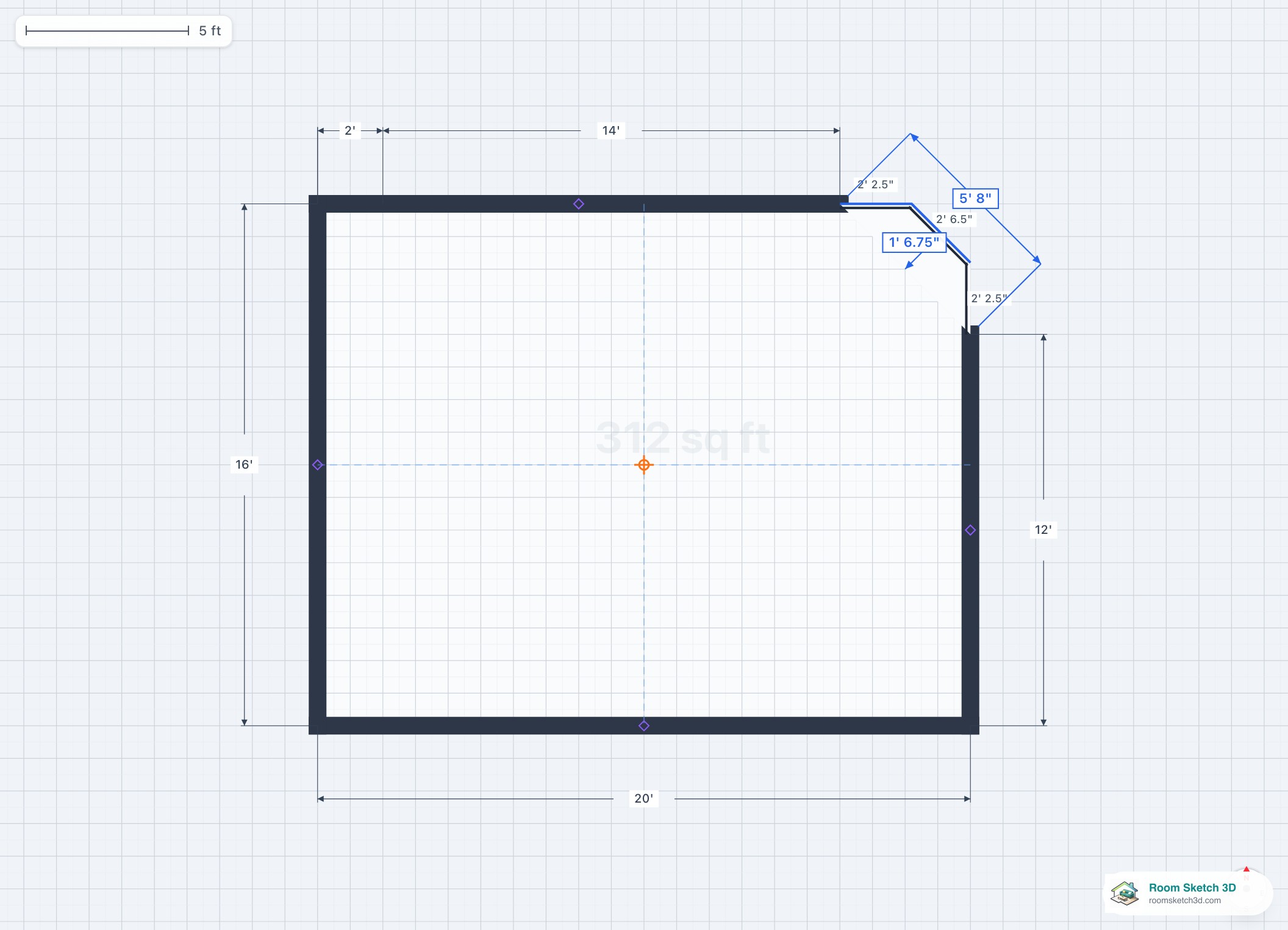 Angled corner bay window on a residential floor plan — two-wall projection wrapping a building corner with chamfered glass panels