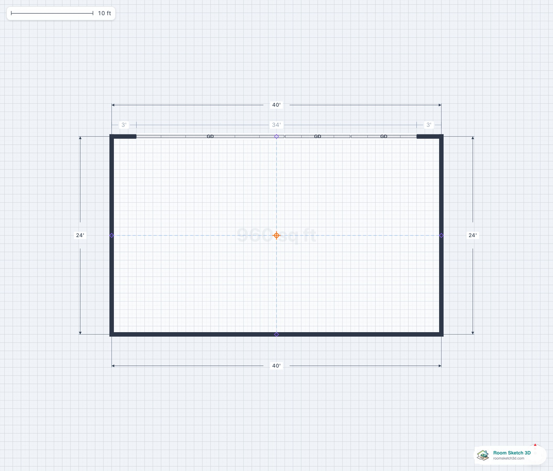 Floor plan of a three-door garage — 18-foot main door plus two 8-foot secondary doors, 34 feet total