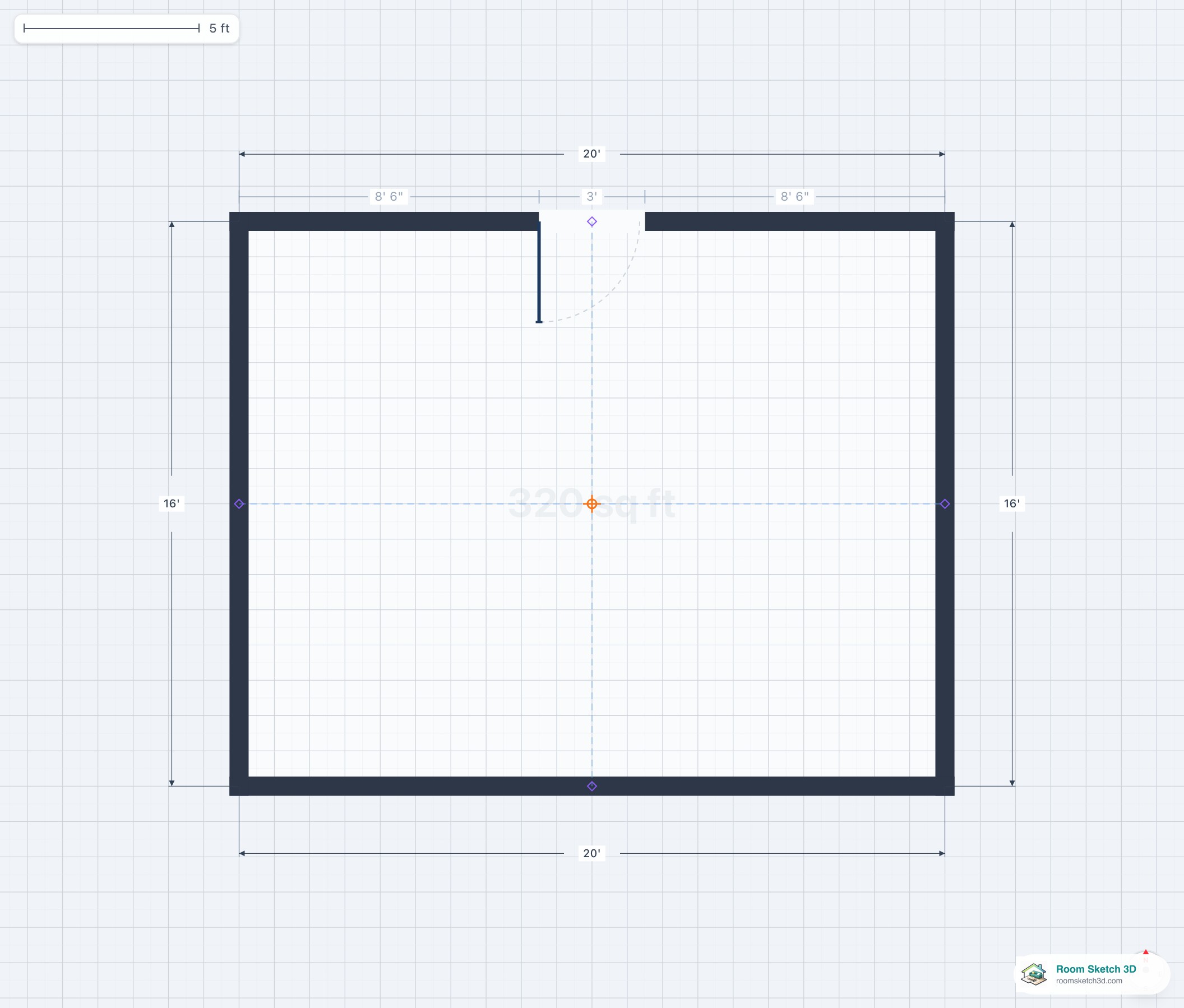 Hinged swing door on a residential floor plan — quarter-circle swing arc visible from the hinge point, standard interior door width