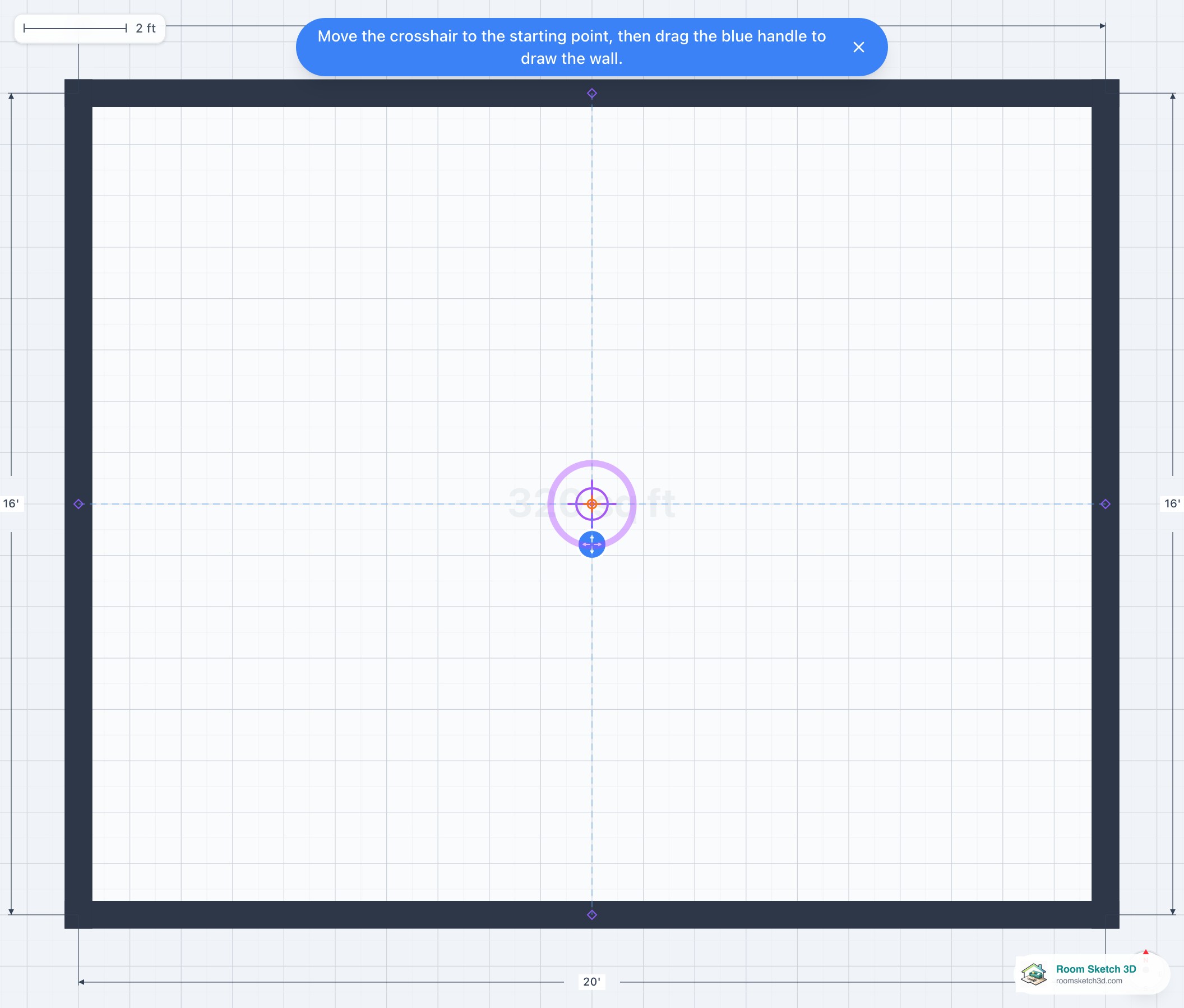 Interior Wall placement mode in Room Sketch 3D — red cross-hair chain anchor at room center, blue pull handle below it, and a blue instruction tooltip explaining the workflow