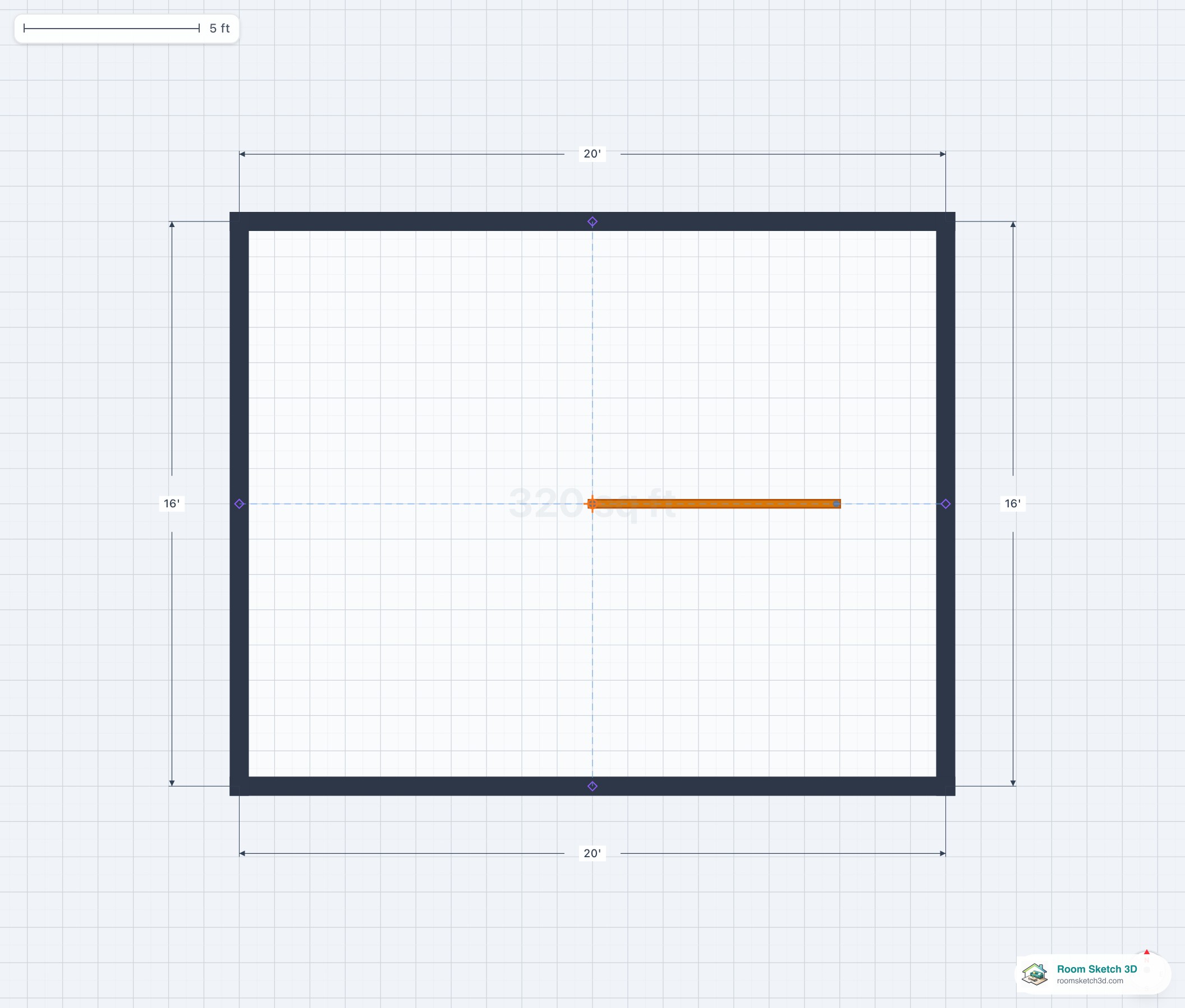 An interior wall segment drawn horizontally from the room center, rendered as an orange line on the 2D plan