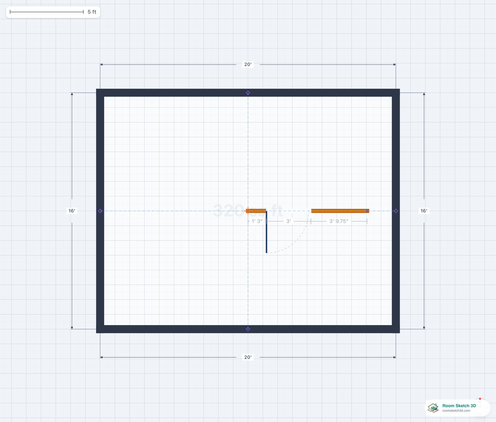Interior wall with a door cut into the middle — wall split into two segments with a door swing arc shown in 2D